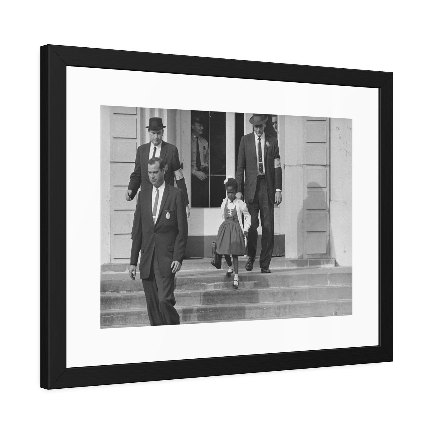 US Marshals with Young Ruby Bridges on School Steps by Unknown  Black & White Civil Rights Photograph Framed Wall Art Print