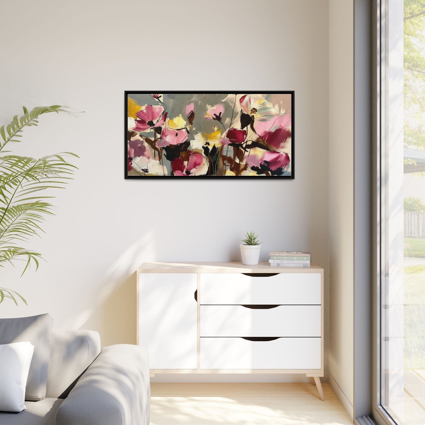Framed Floral Canvas Wall Art — Abstract Pink & Yellow Flowers
