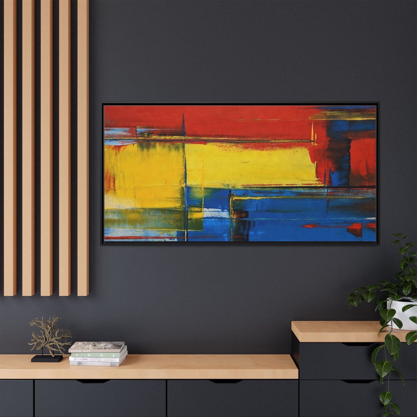 Abstract Color Block Matte Canvas Framed Wall Art — Modern Red Yellow Blue Painting