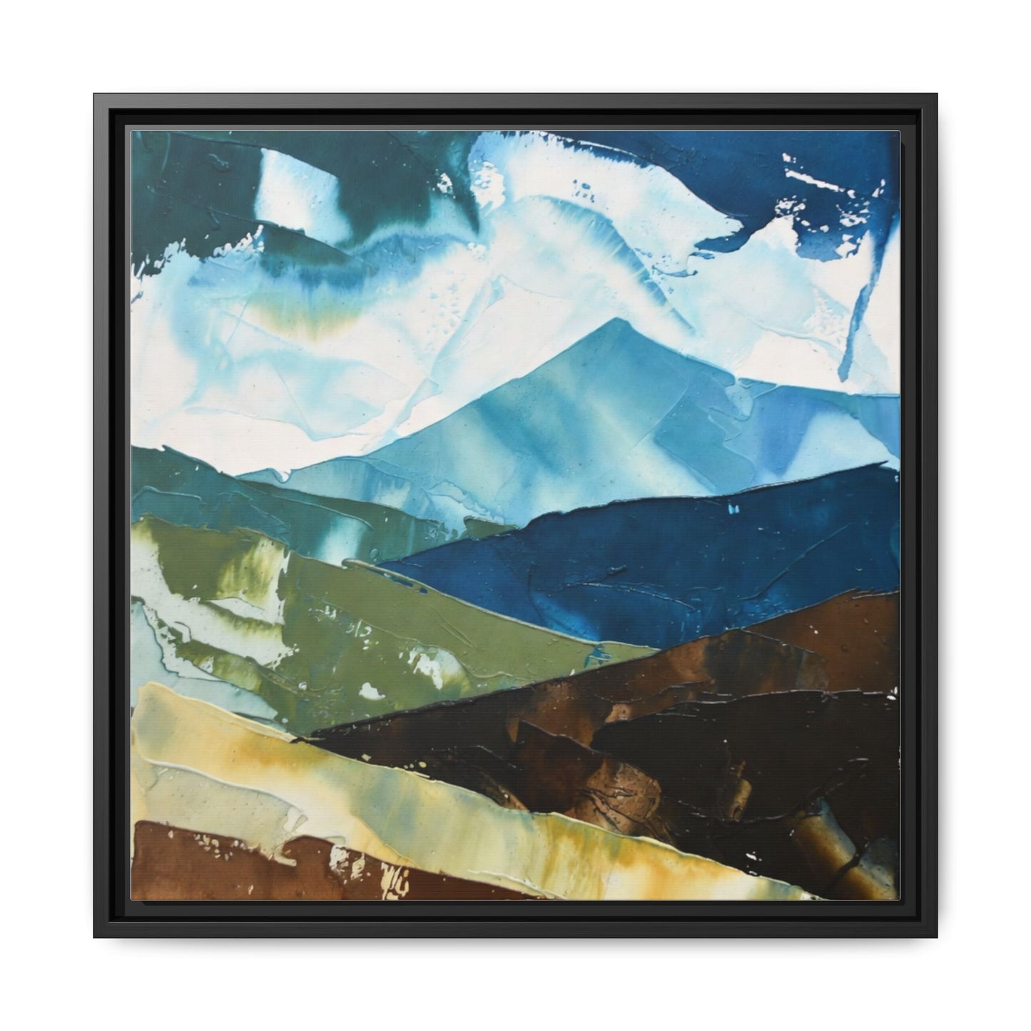 Framed Abstract Mountain Canvas Art — Blue & Earthtone Landscape Print