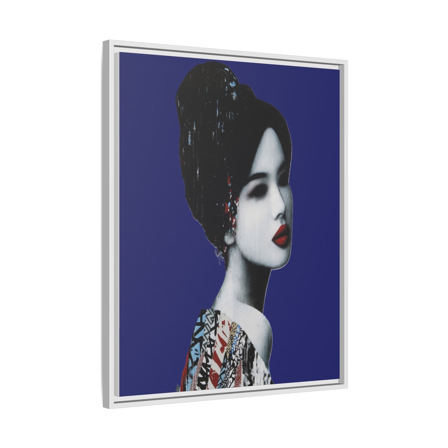 Framed Matte Canvas Art — Elegant Geisha Portrait on Deep Blue