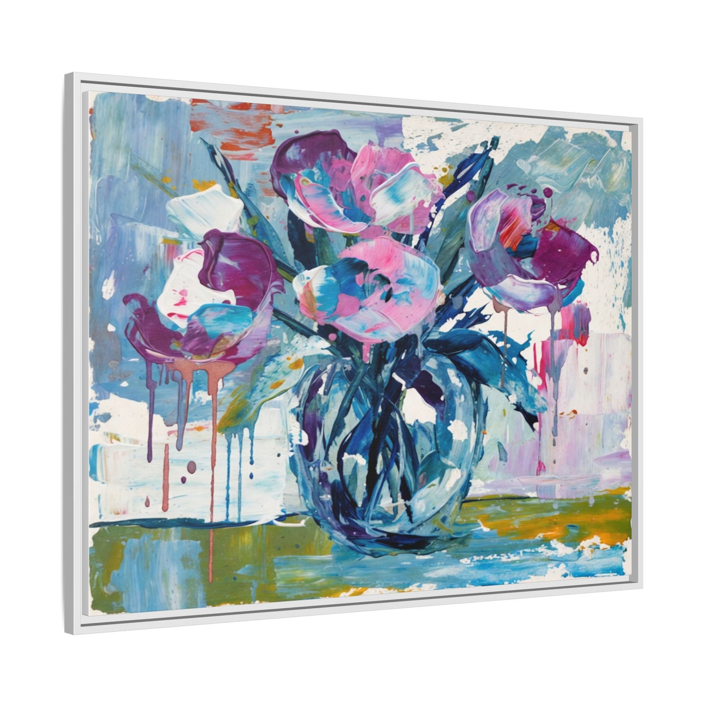 Framed Floral Canvas Art — Abstract Pink & Blue Bouquet