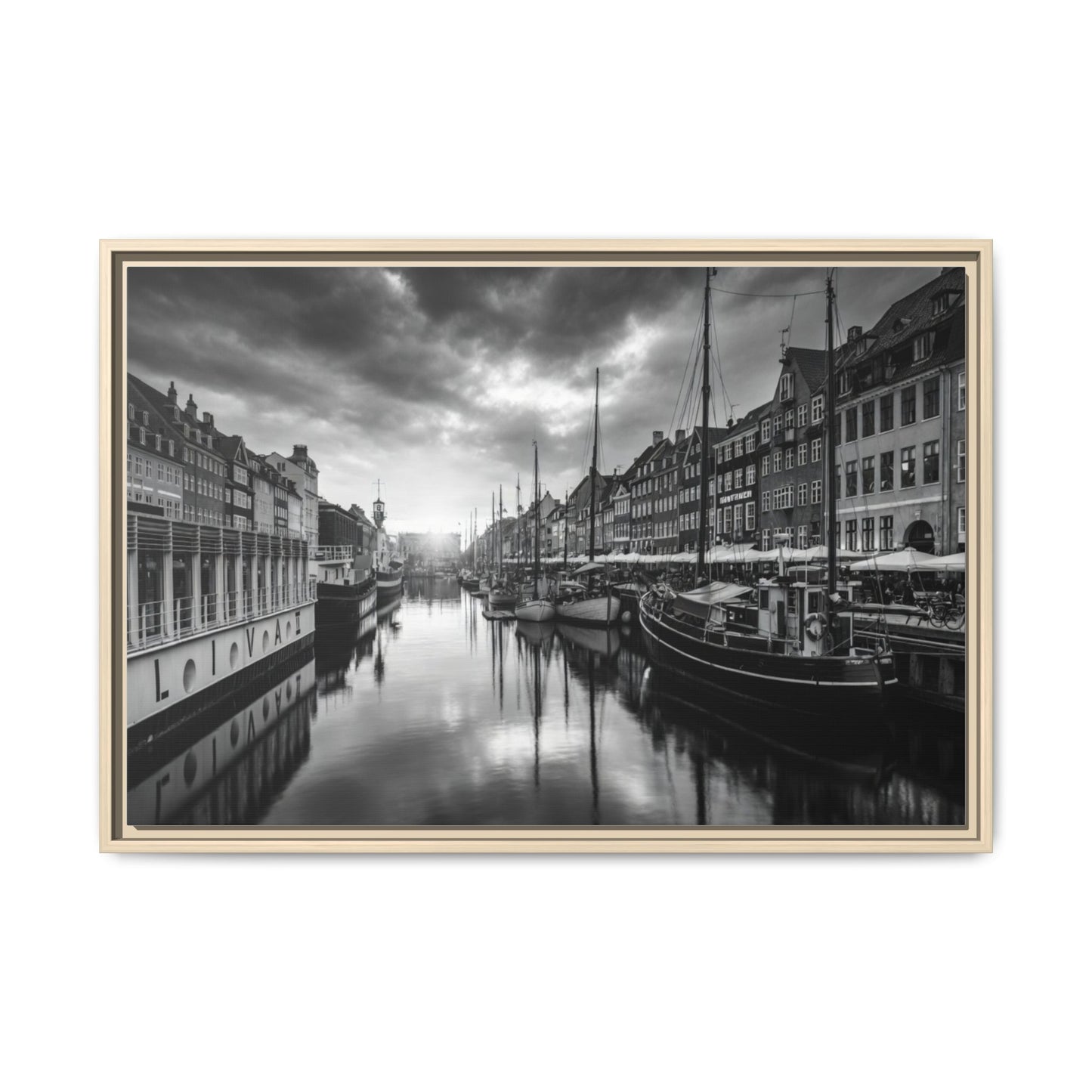 Framed Matte Canvas: Black & White Dutch Canal Photography Wall Art
