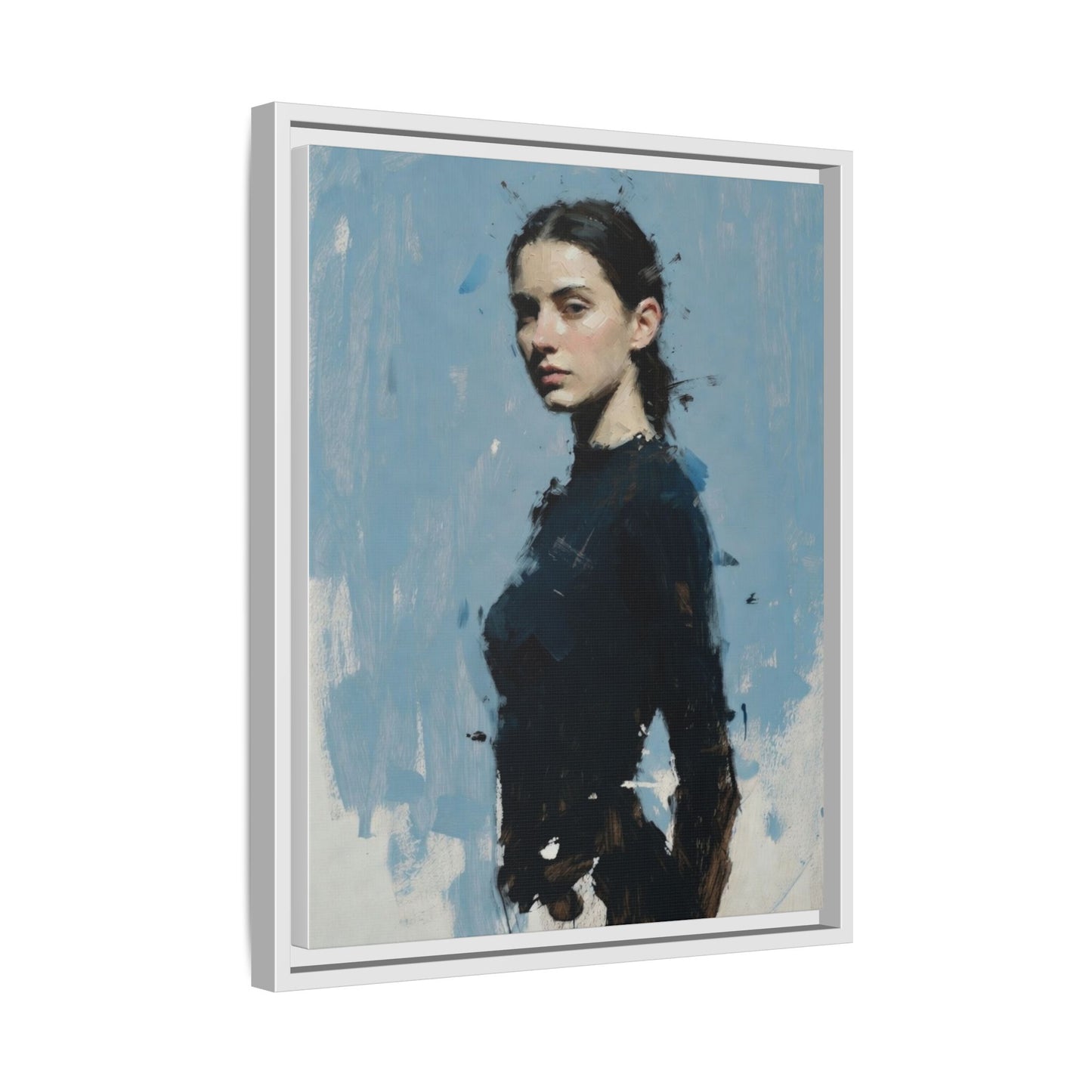 Framed Matte Canvas Portrait Print — Elegant Blue Woman Art