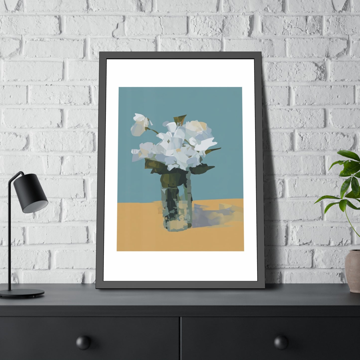 Framed Floral Poster - Modern White Blossoms in Vase Wall Art