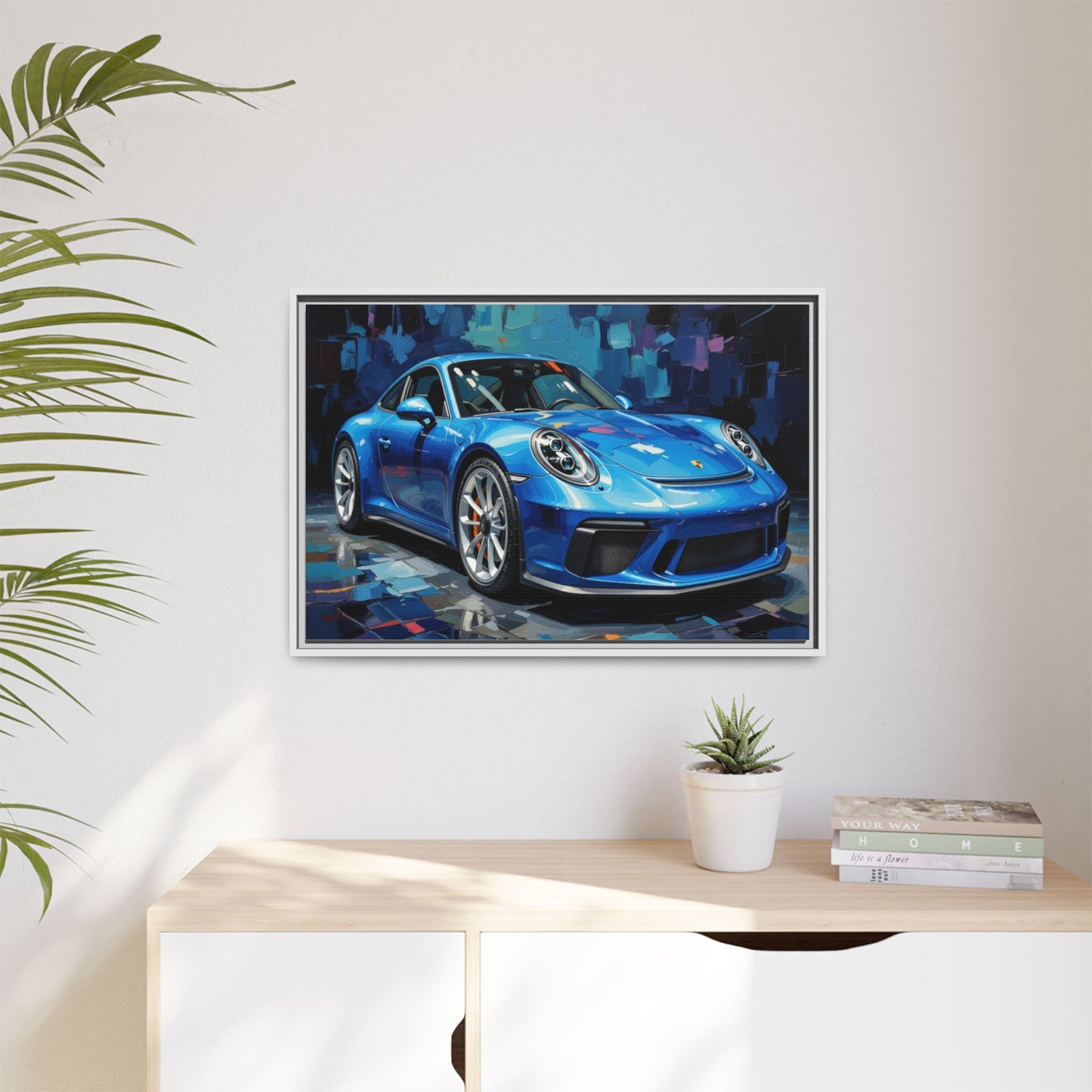 Blue Sports Car Matte Canvas Framed Print — Modern Automotive Wall Art