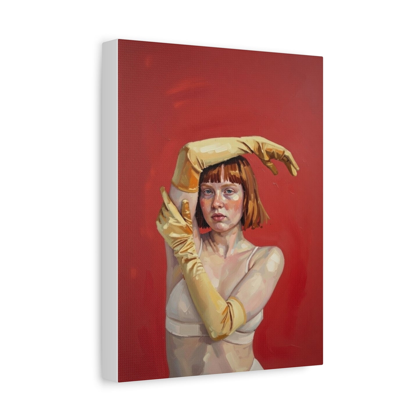 Figurative Portrait Canvas — Woman with Yellow Gloves on Red Background