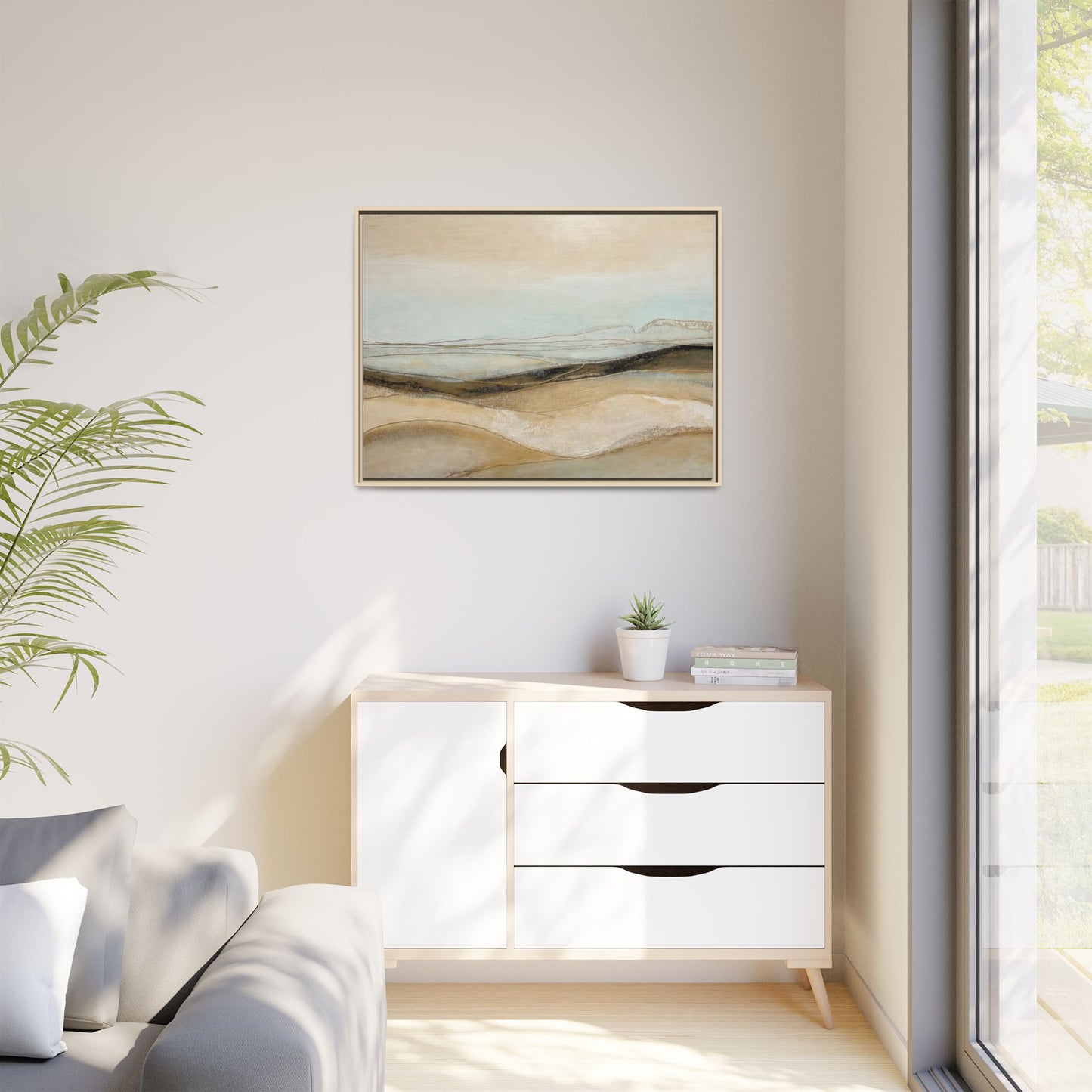 Framed Matte Canvas Wall Art — Neutral Abstract Landscape in Soft Blues & Earth Tones