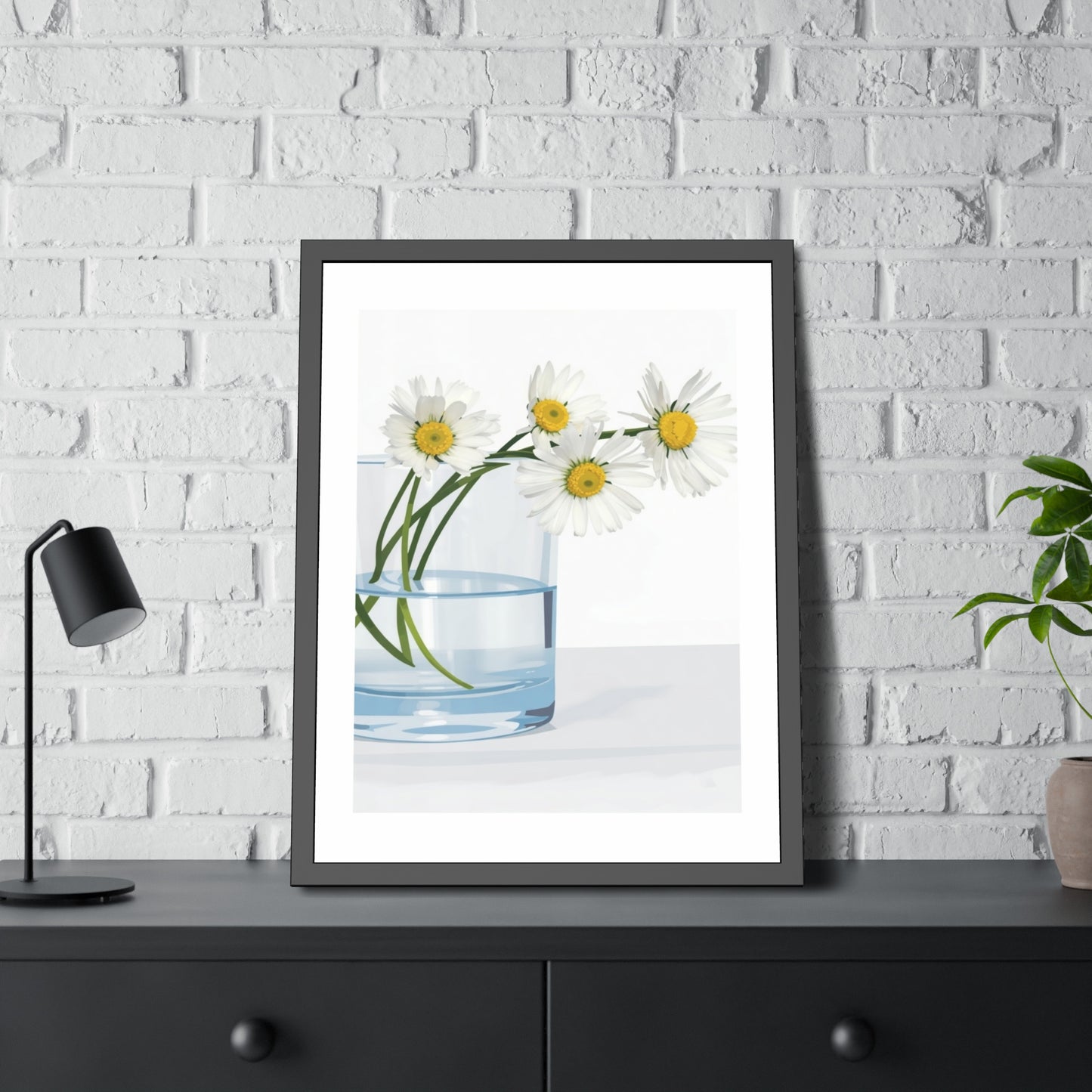 Framed Poster — Daisies in Glass Vase Wall Art, Minimal Botanical Print for Living Room