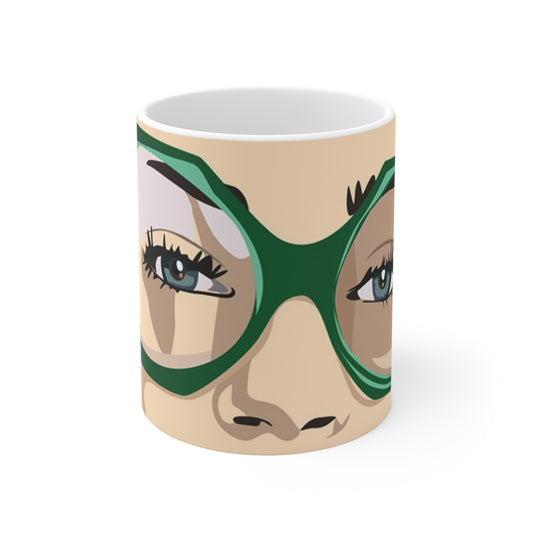 11oz Mug — Retro Green Glasses Pop Art Face Coffee Cup