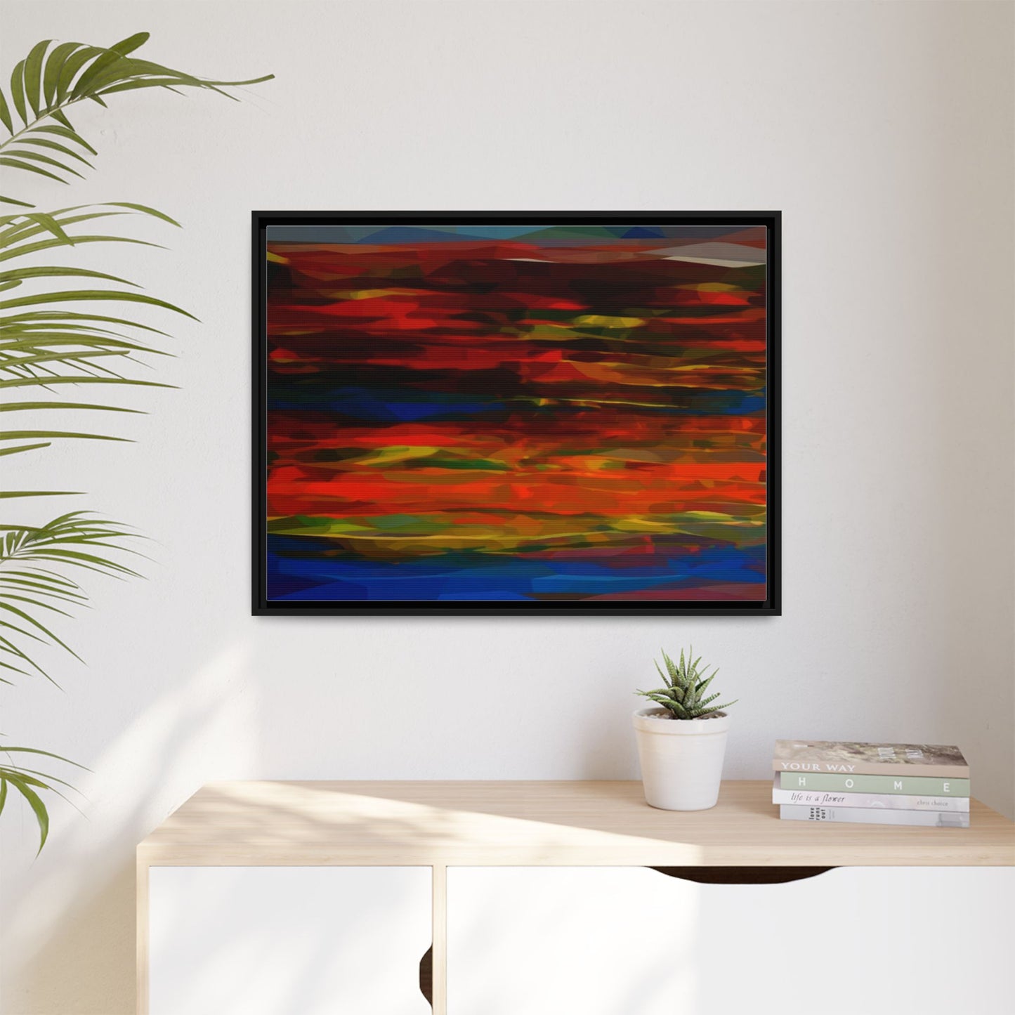 Abstract Multi-Color Matte Canvas Framed Wall Art — Bold Red & Blue Modern Painting