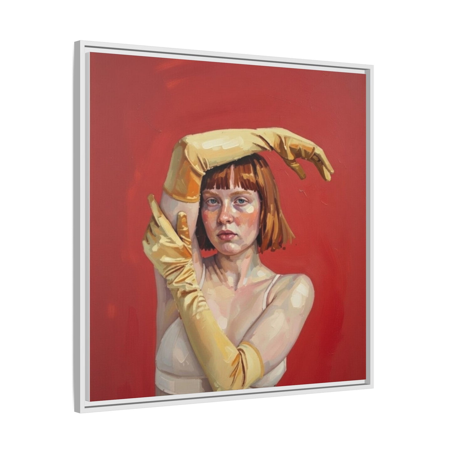 Framed Matte Canvas Art - Portrait of Woman in Yellow Gloves (Red Background)