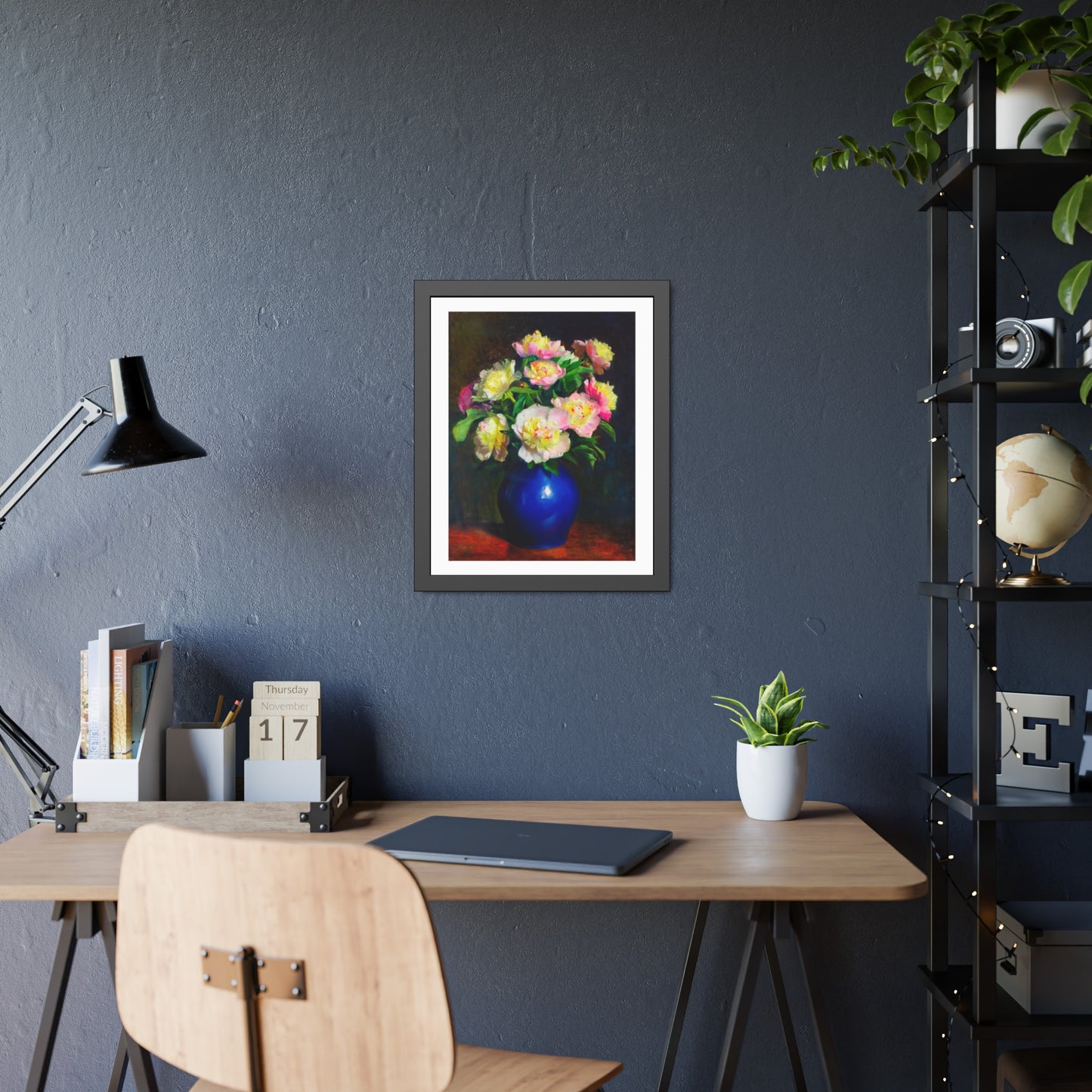 Framed Floral Poster — Pink Peonies in Blue Vase Wall Art