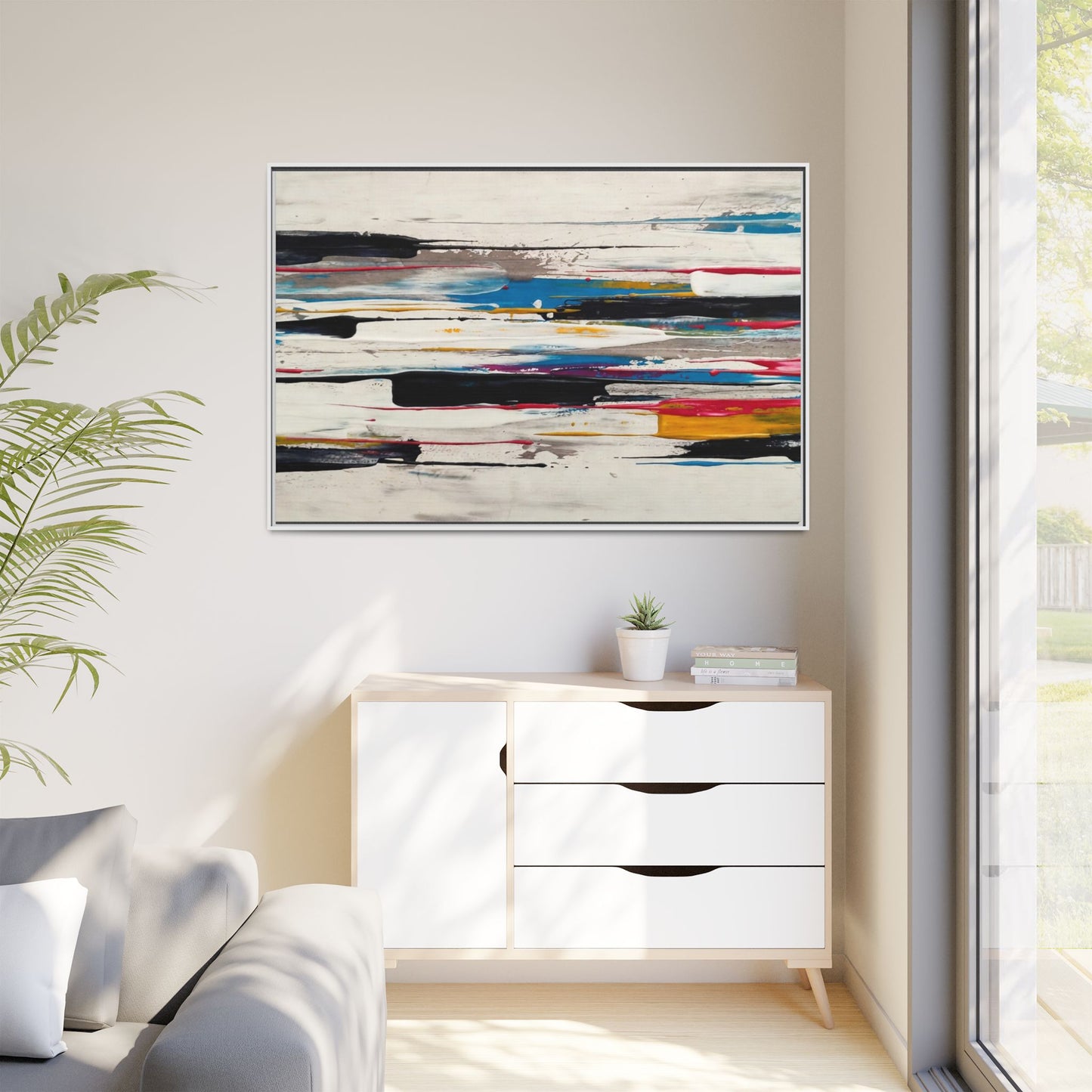 Abstract Multi-Color Framed Canvas Wall Art — Modern Horizontal Brushstroke Print