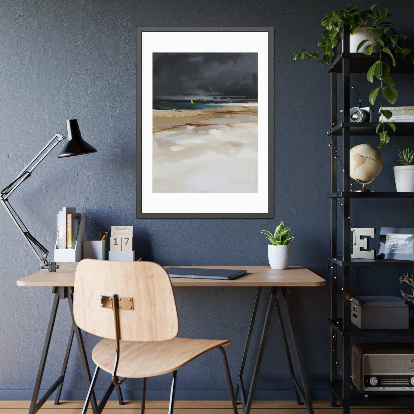 Framed Coastal Beach Print — Moody Seascape Poster in Black Frame
