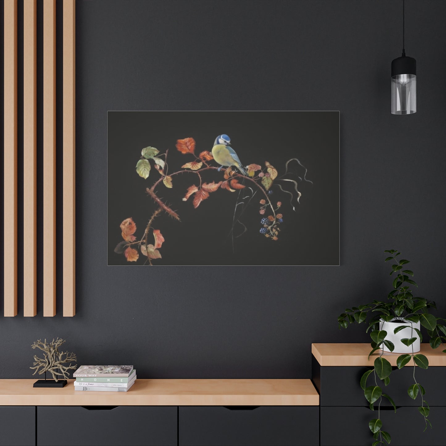 Canvas Wall Art - Blue Tit on Autumn Branch, Stretched Matte Canvas
