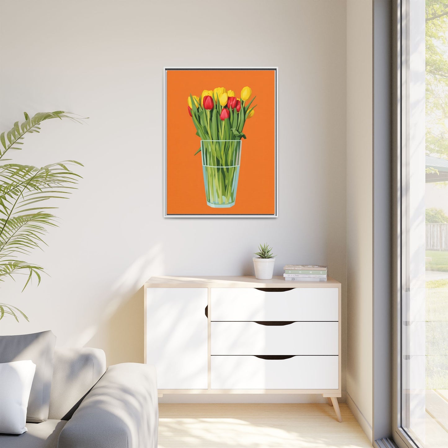 Framed Tulip Canvas Print — Colorful Tulips in Glass Vase