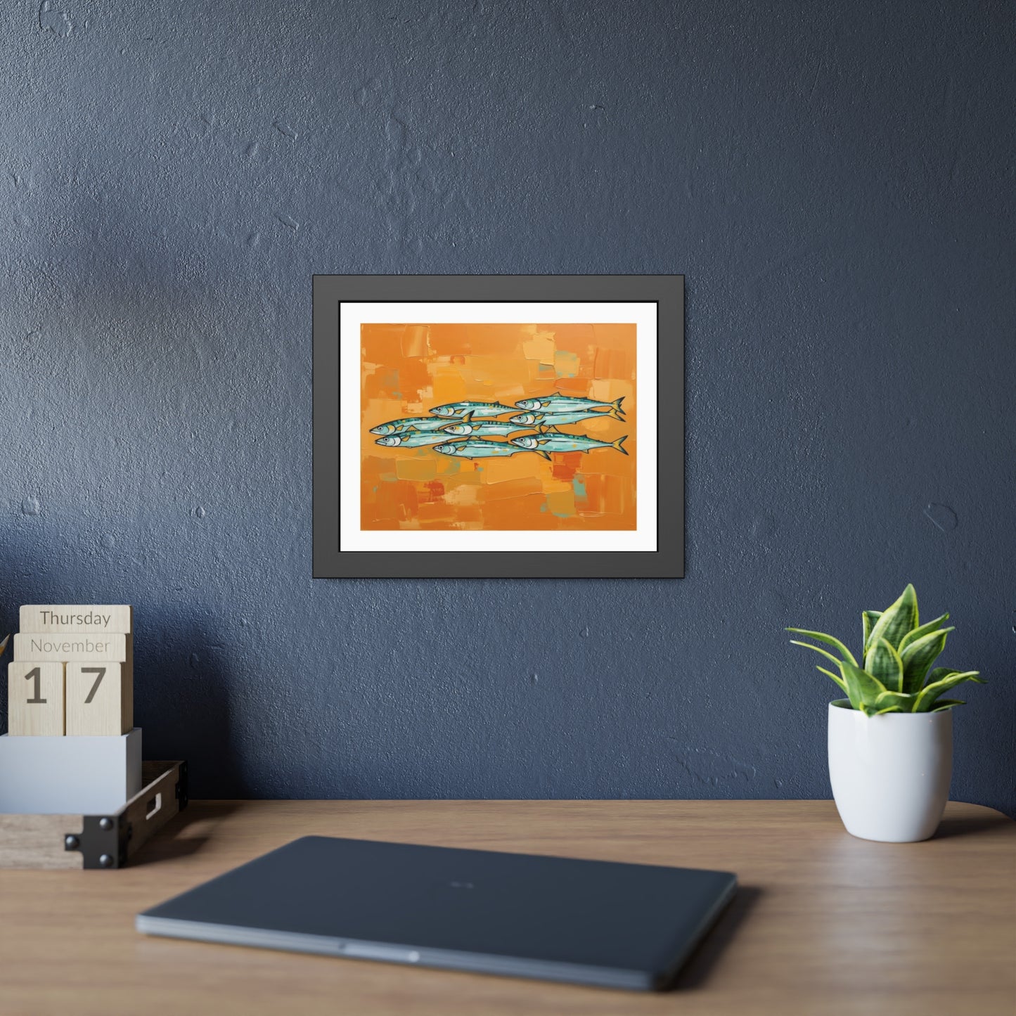 Framed Fish Art Print — School of Mackerel on Orange Abstract Background