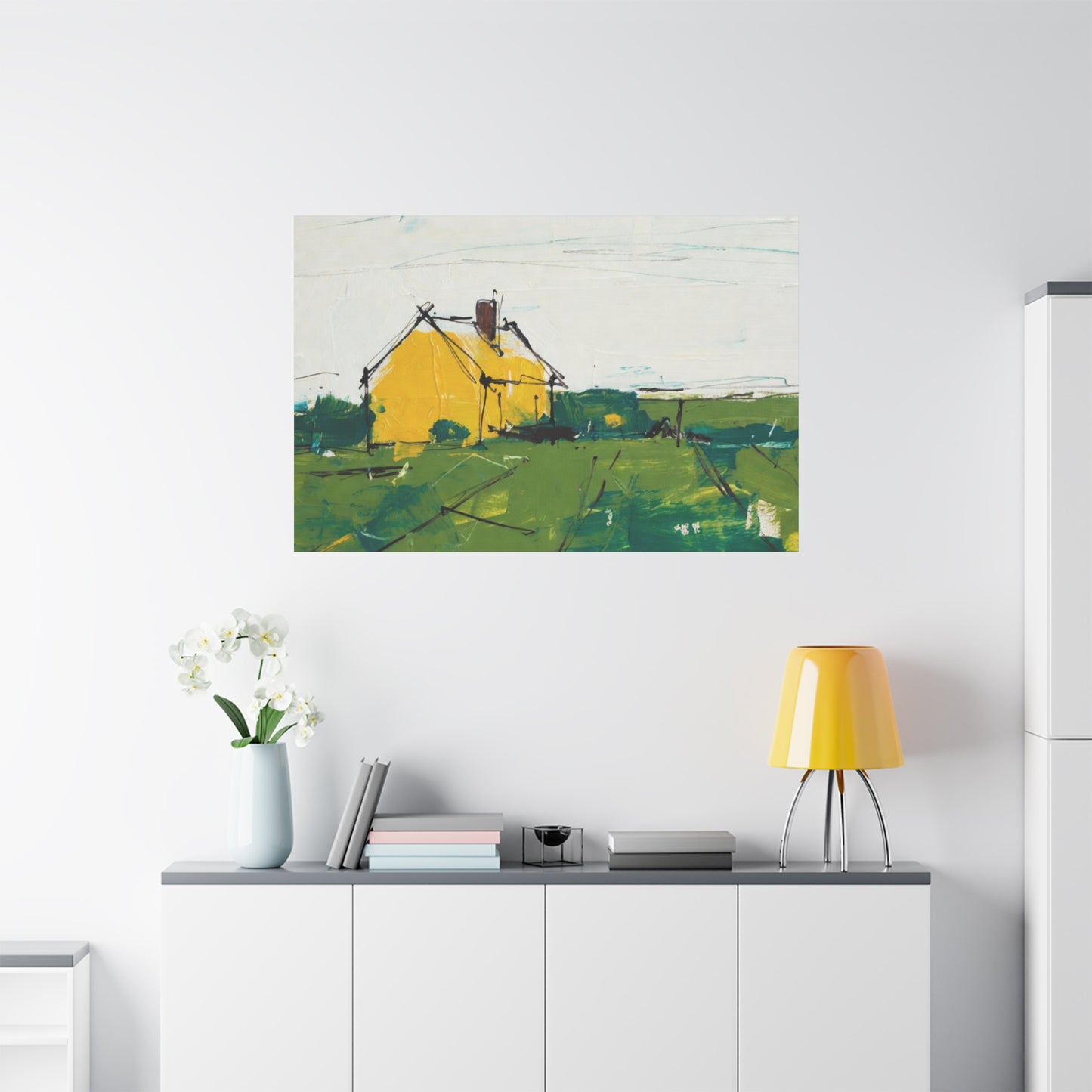 Yellow Cottage Landscape Canvas - Matte Stretched Wall Art