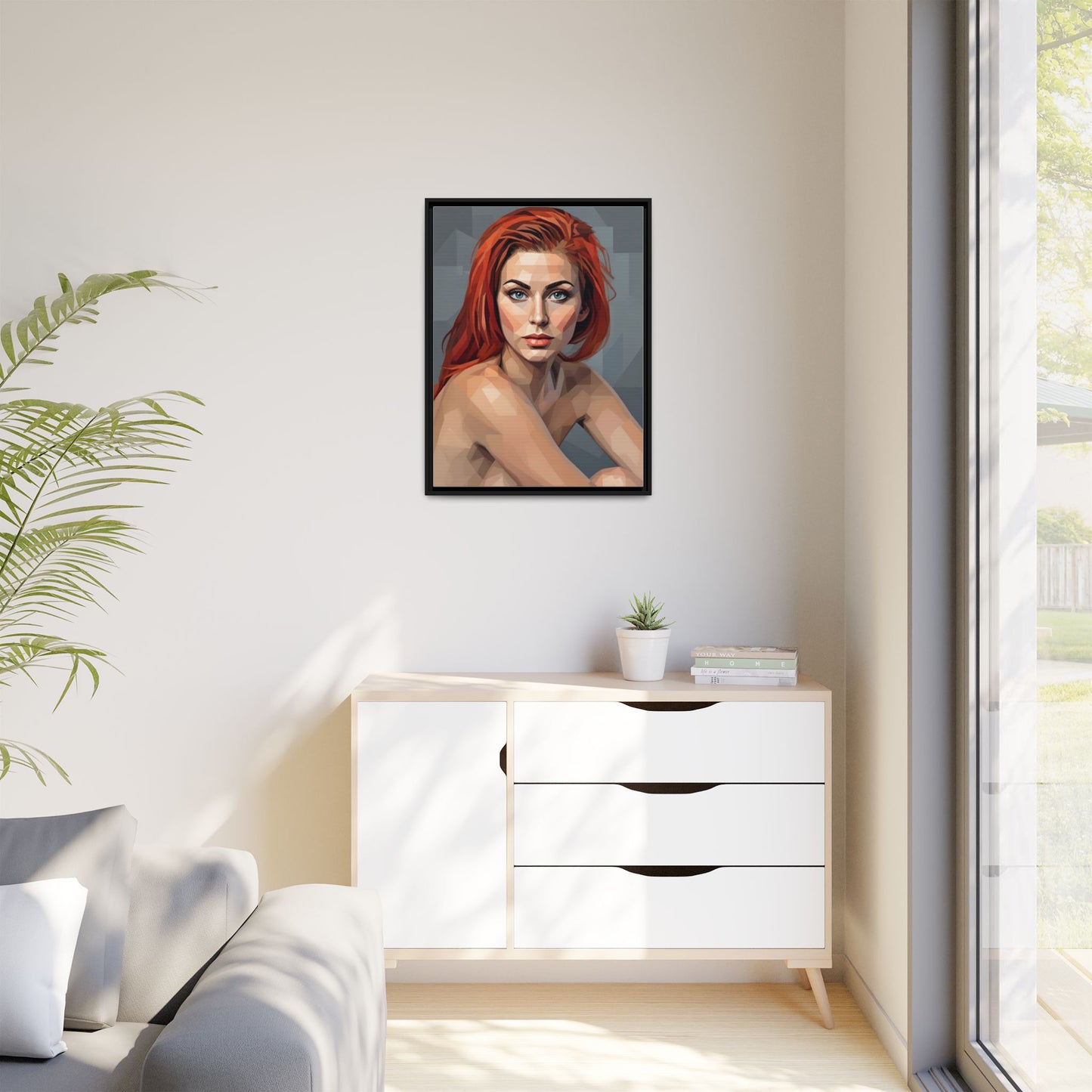 Framed Matte Canvas Portrait — Geometric Redhead Wall Art