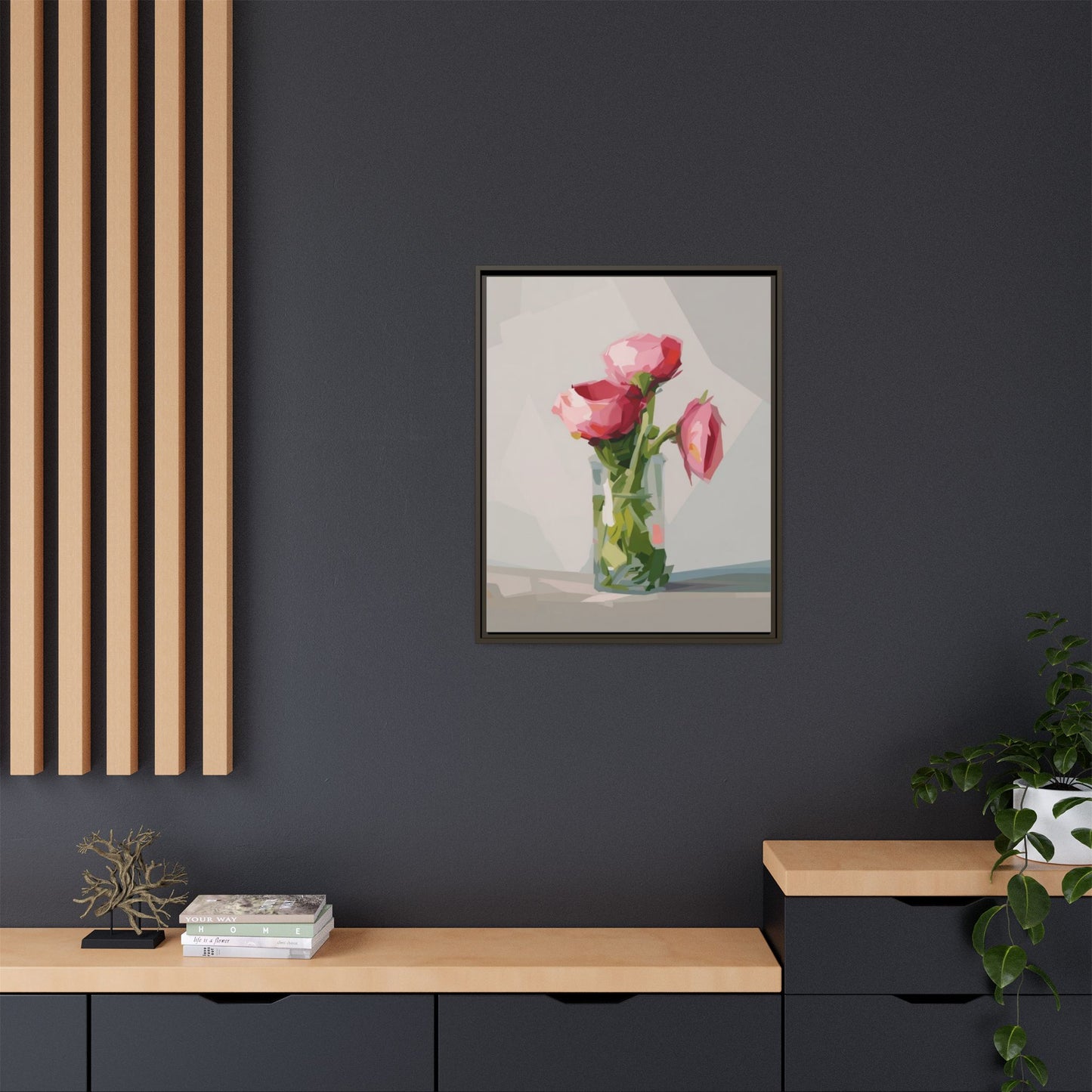 Framed Canvas Art — Pink Roses in Vase, Modern Floral Wall Print