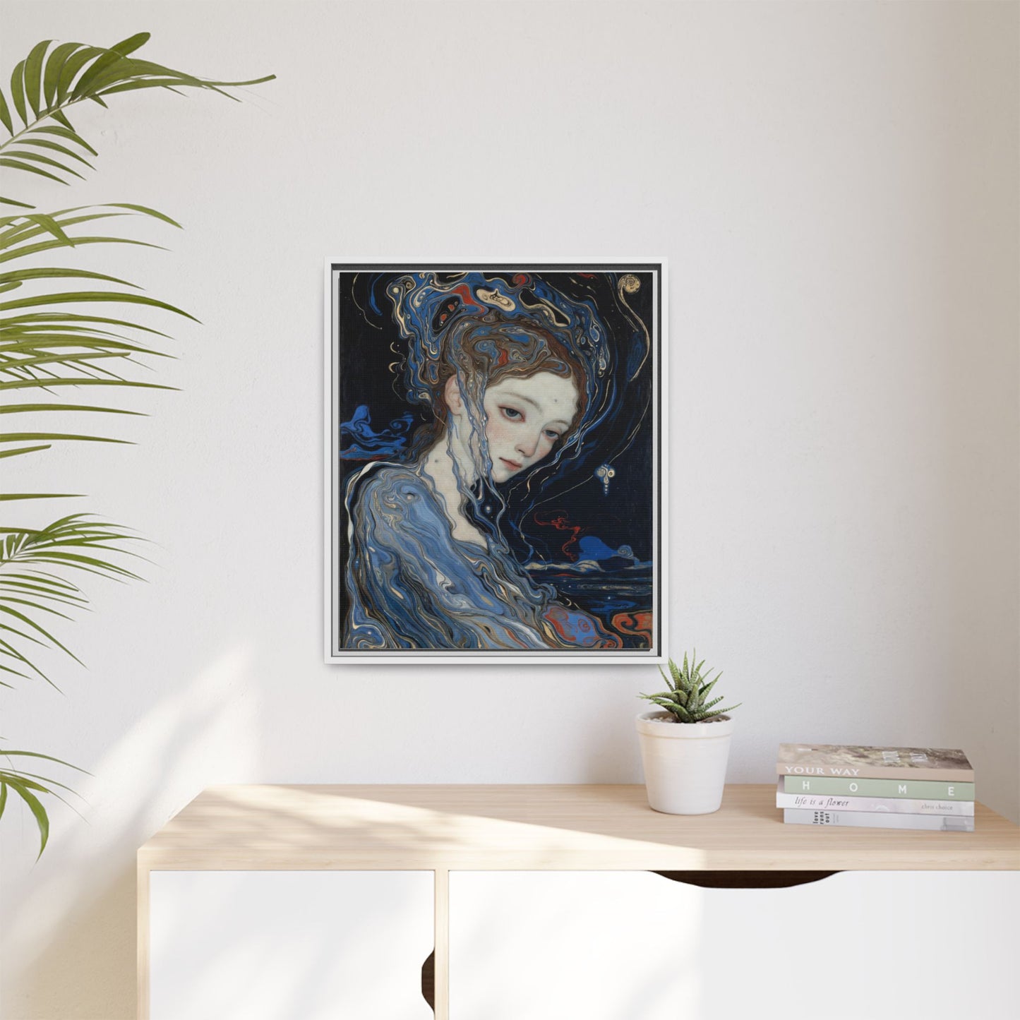 Framed Matte Canvas Art Print — Surreal Blue Maiden Portrait