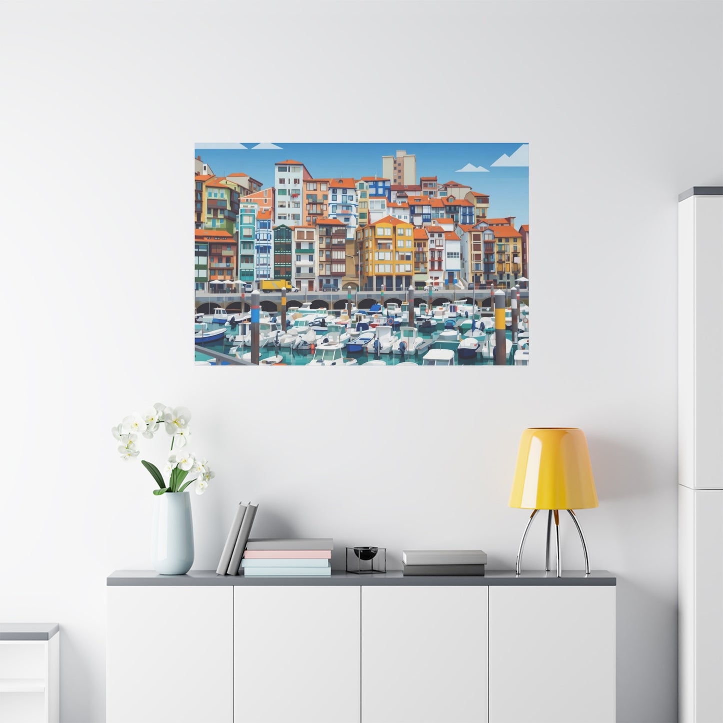 Colorful Coastal Harbor Matte Canvas Print — Stretched Wall Art