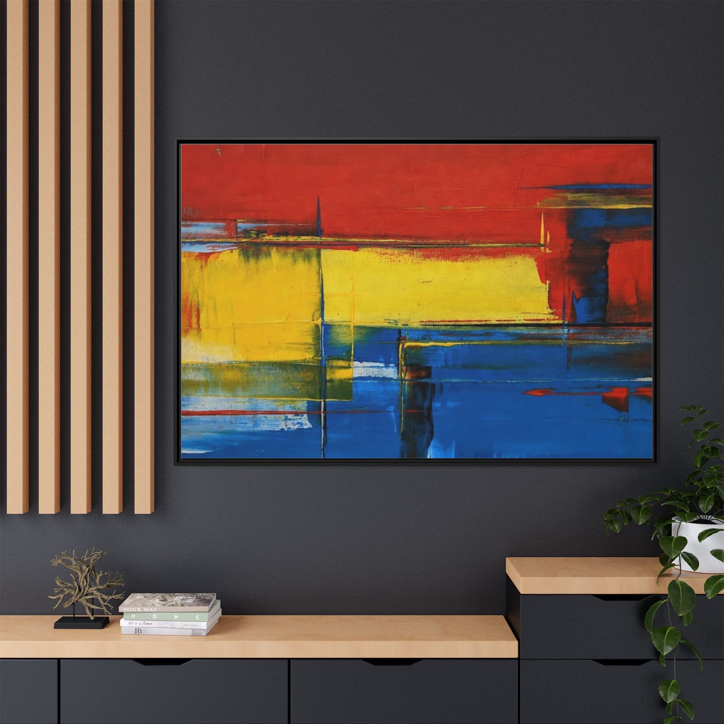 Abstract Color Block Matte Canvas Framed Wall Art — Modern Red Yellow Blue Painting