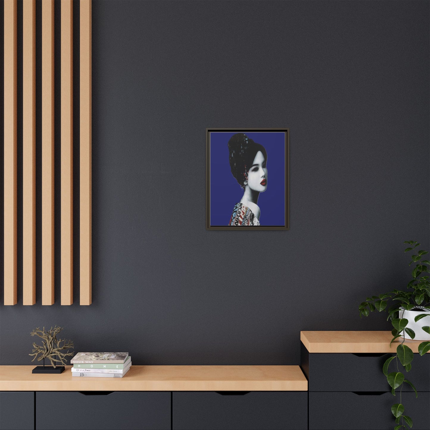 Framed Matte Canvas Art — Elegant Geisha Portrait on Deep Blue