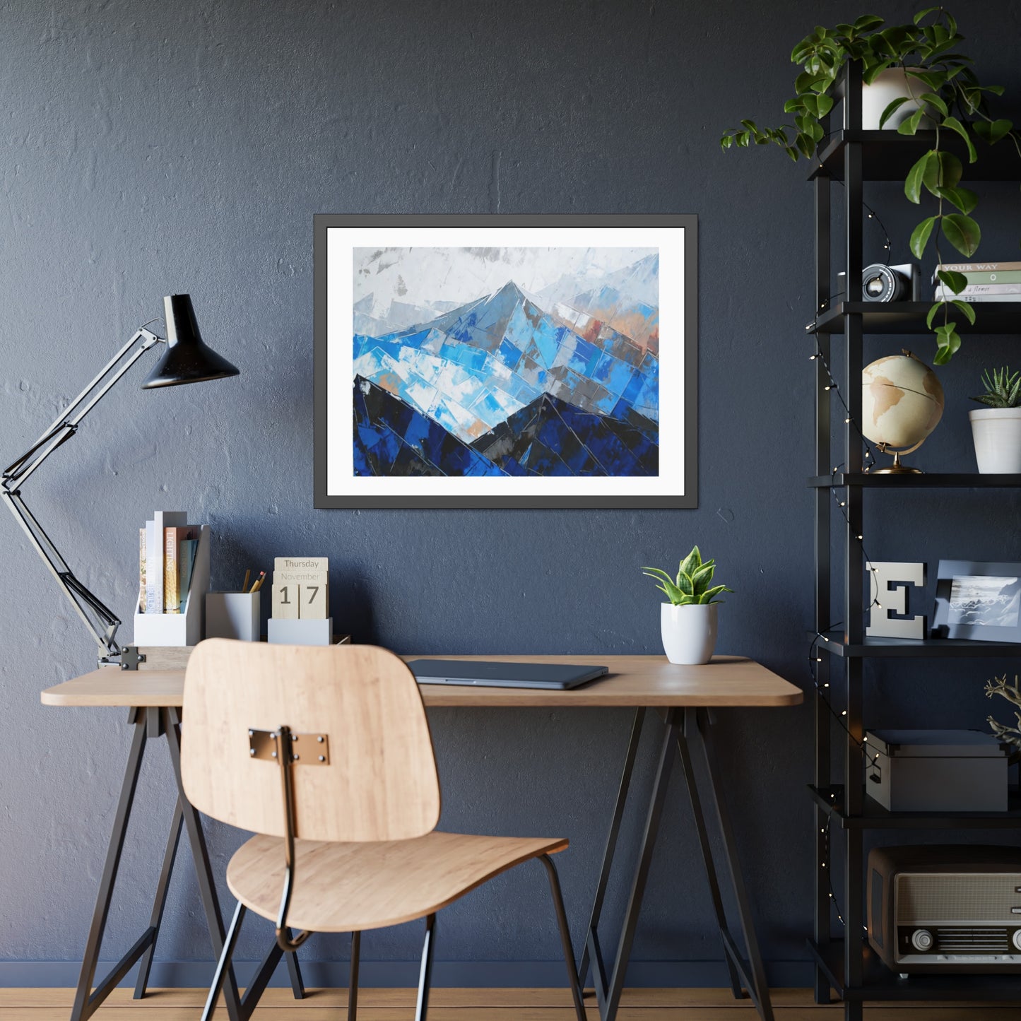 Framed Mountain Art Print — Blue Abstract Landscape Poster