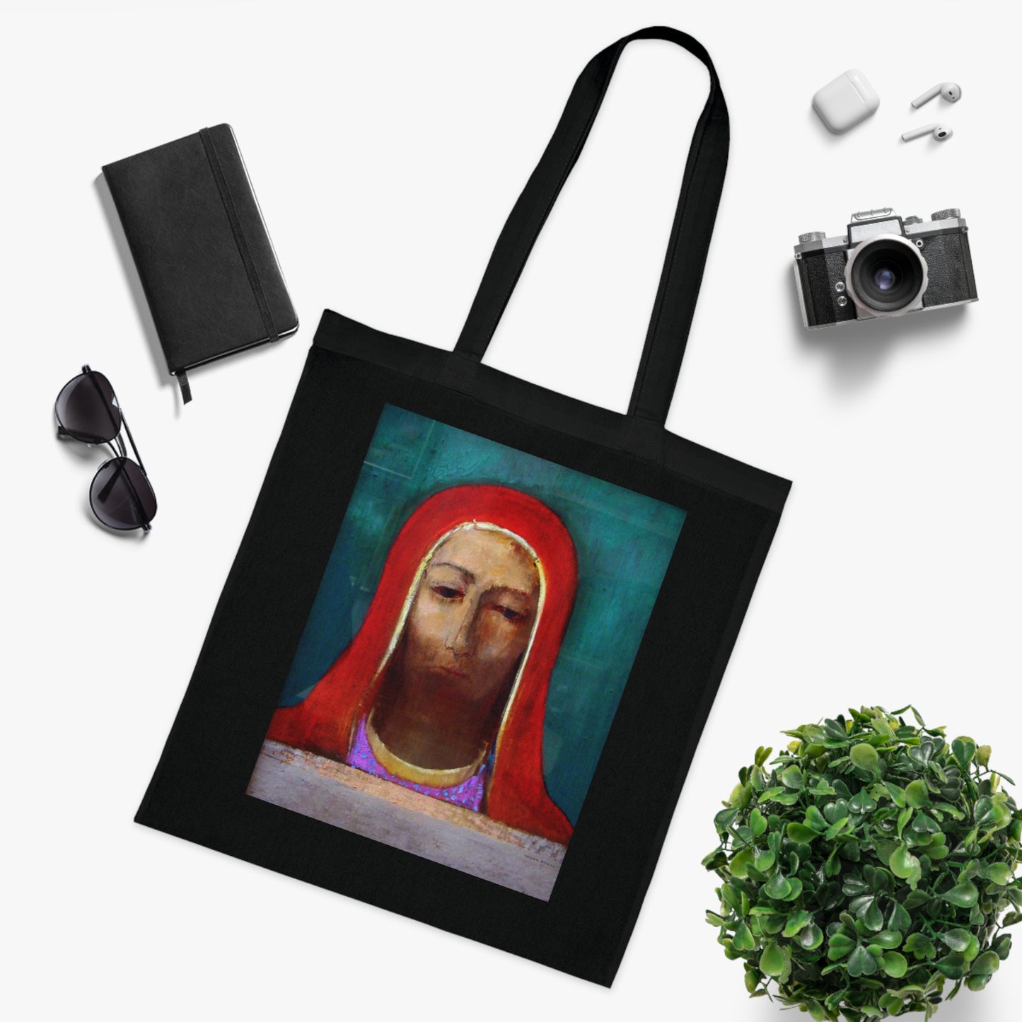 Art Portrait Tote Bag — Serene Red-Hooded Figure Canvas Cotton Tote