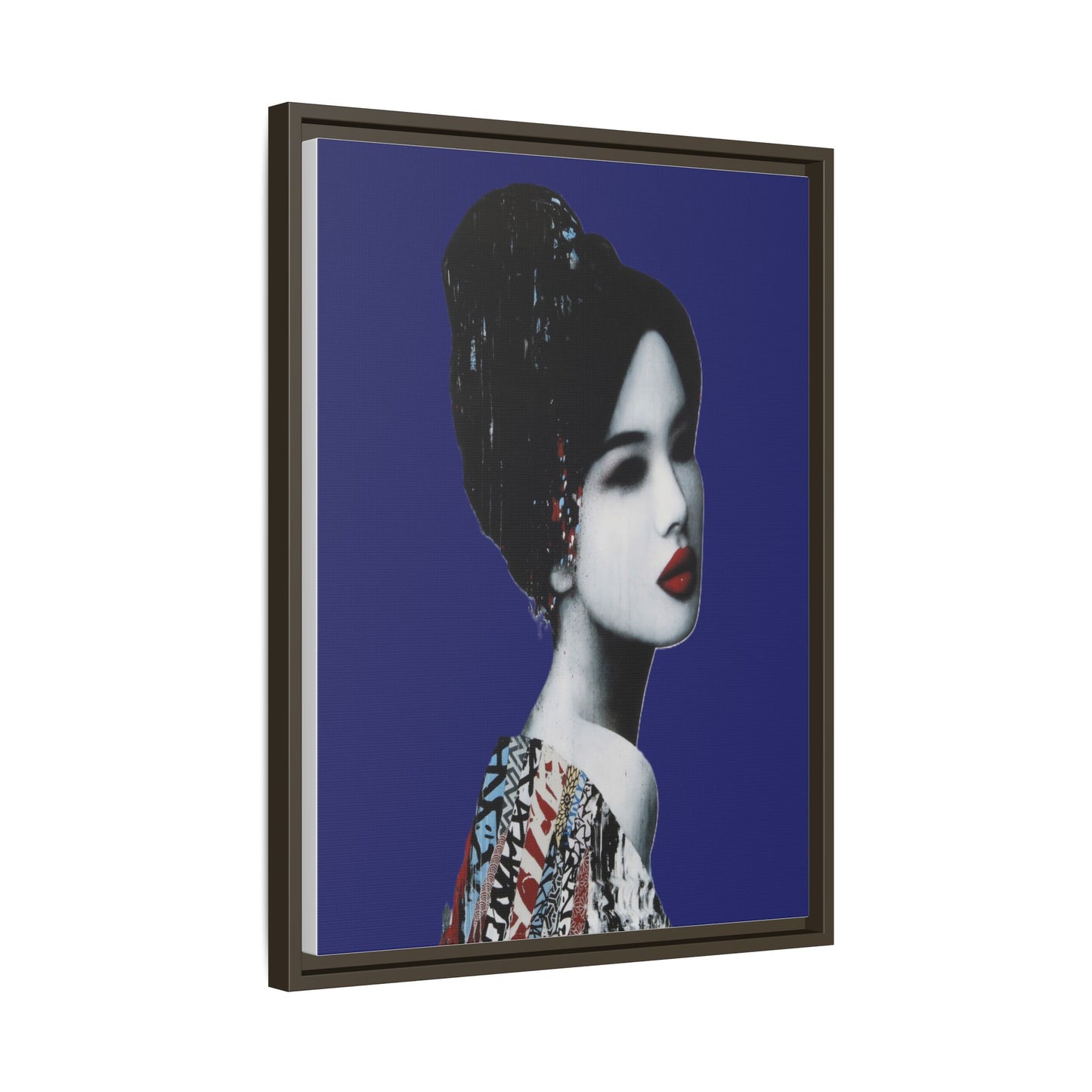 Framed Matte Canvas Art — Elegant Geisha Portrait on Deep Blue