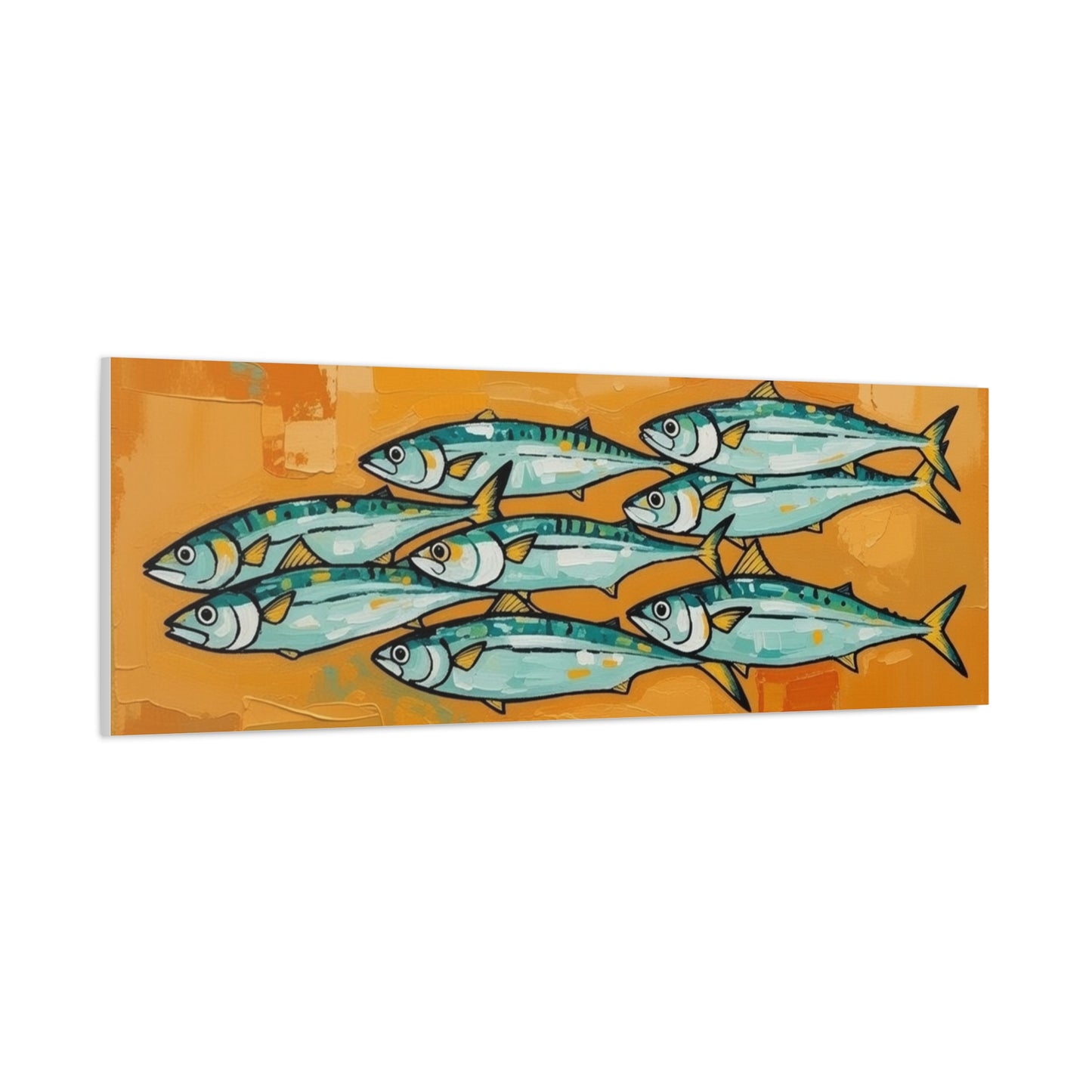 School of Mackerel Canvas Wall Art — Nautical Fish Painting on Orange Background