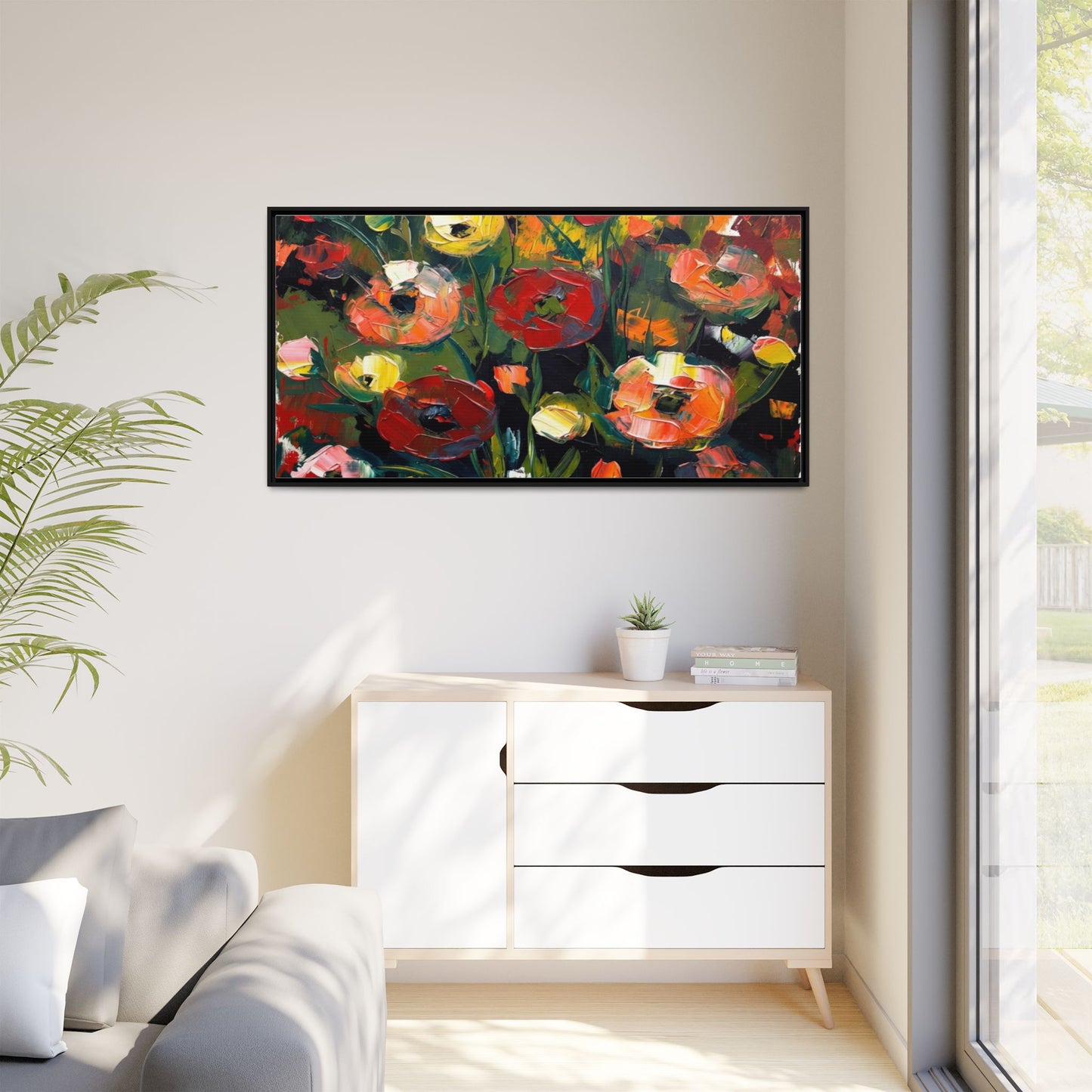 Framed Floral Canvas Print — Vibrant Abstract Poppies Wall Art