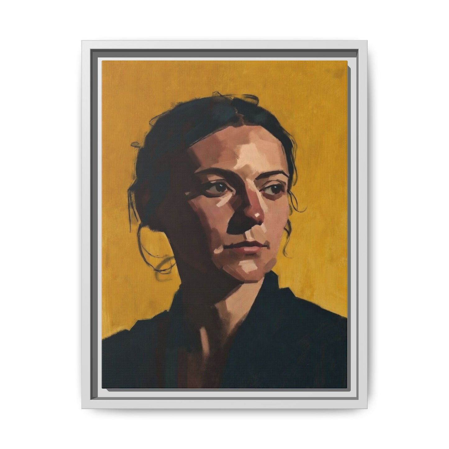 Framed Matte Canvas Portrait Art — Moody Woman on Mustard Background