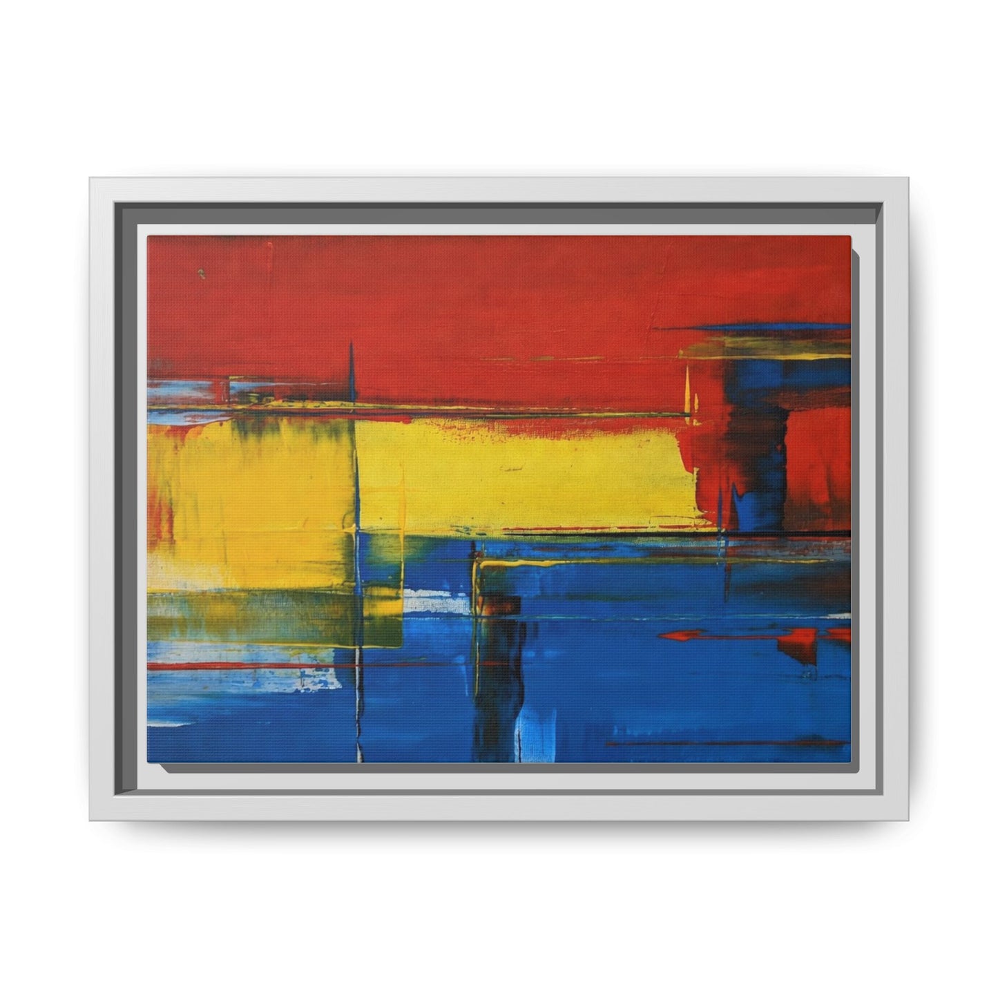 Abstract Color Block Matte Canvas Framed Wall Art — Modern Red Yellow Blue Painting