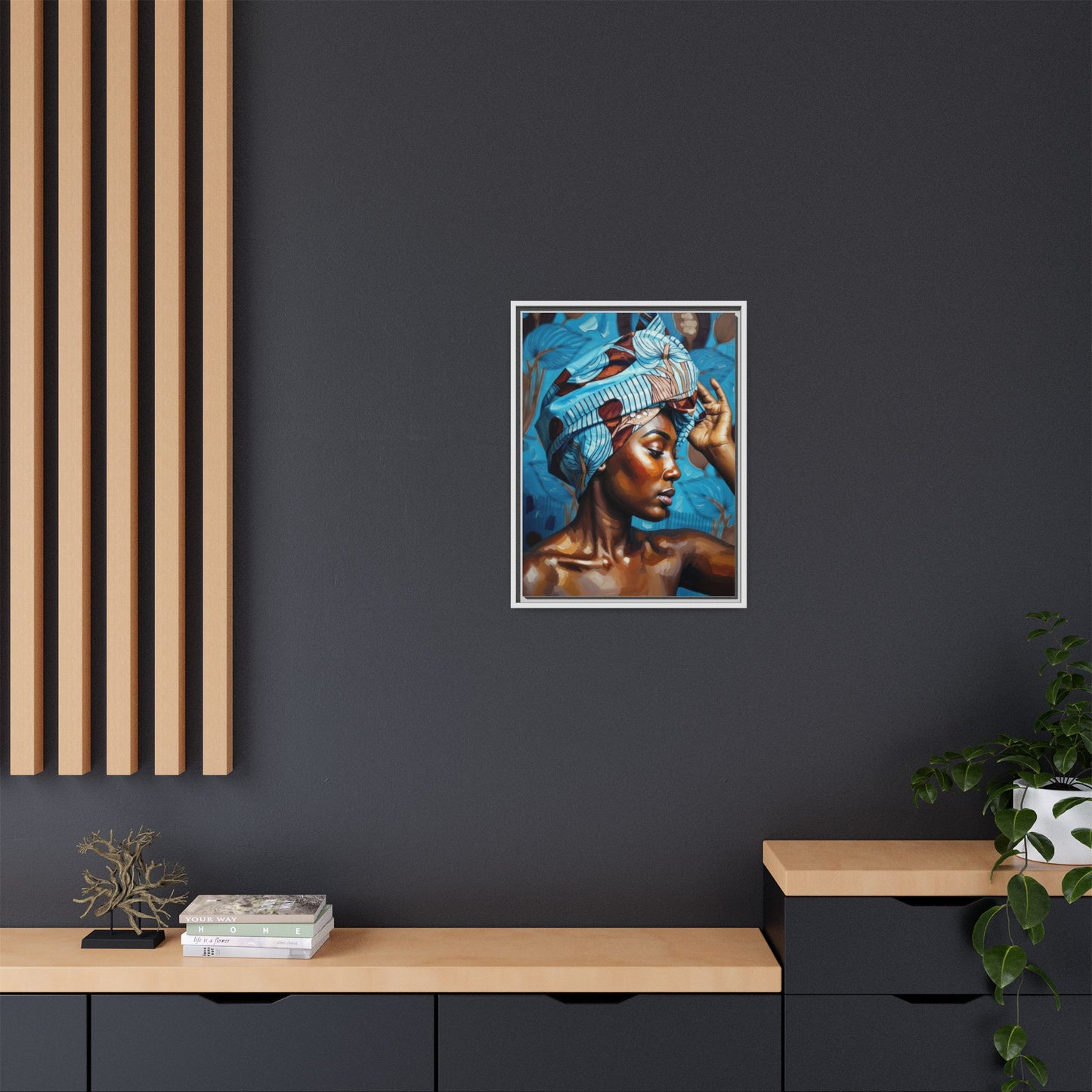 Framed Canvas Art — Portrait of Woman in Blue Headwrap