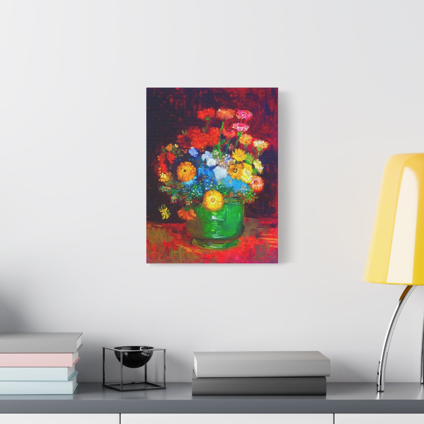 Floral Still Life Canvas Print — Vibrant Bouquet in Green Vase