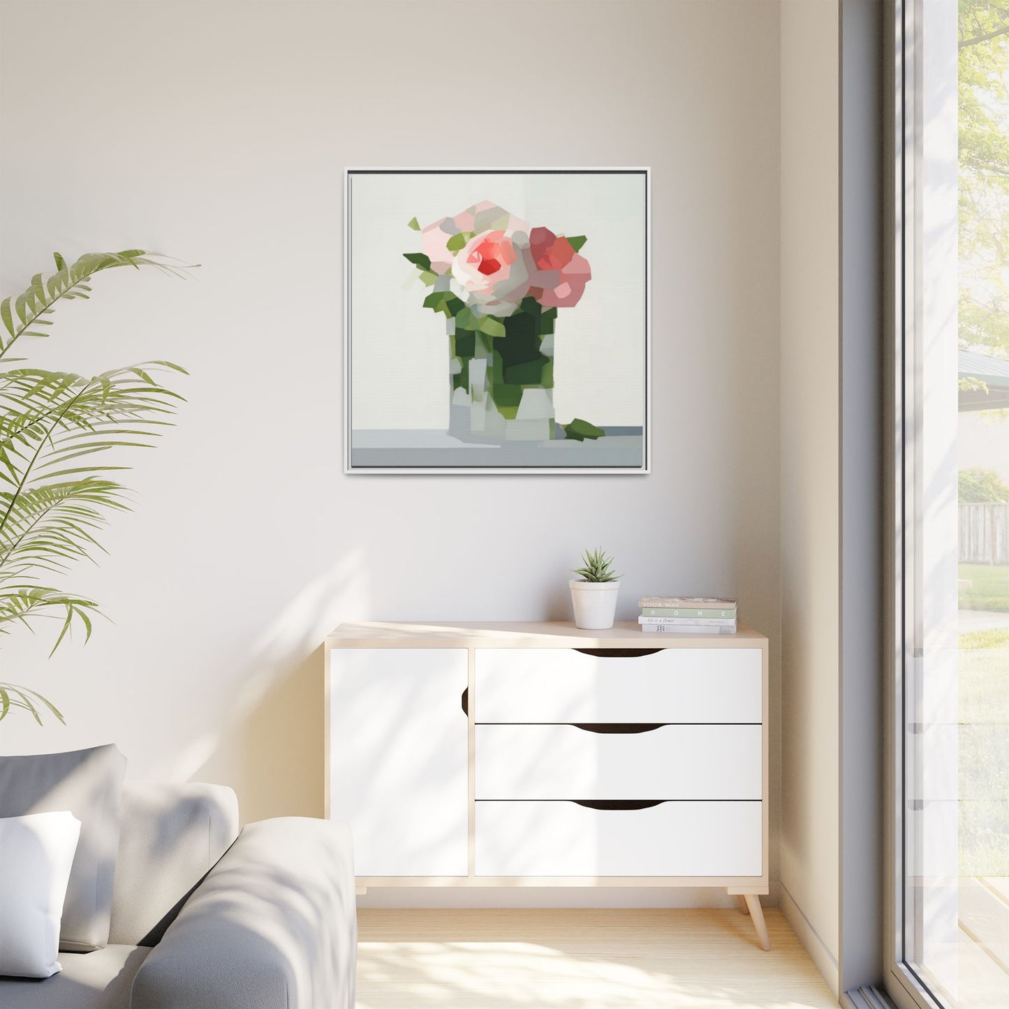 Framed Floral Canvas Print — Modern Pink Roses Still Life
