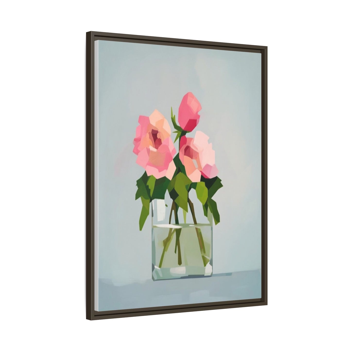 Framed Floral Canvas Print — Pink Roses in Glass Vase (Matte)