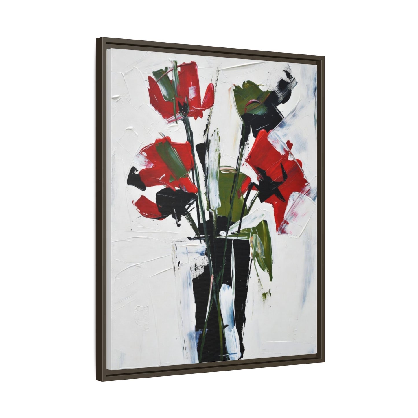 Framed Abstract Floral Canvas Print — Red Poppies in Black Vase