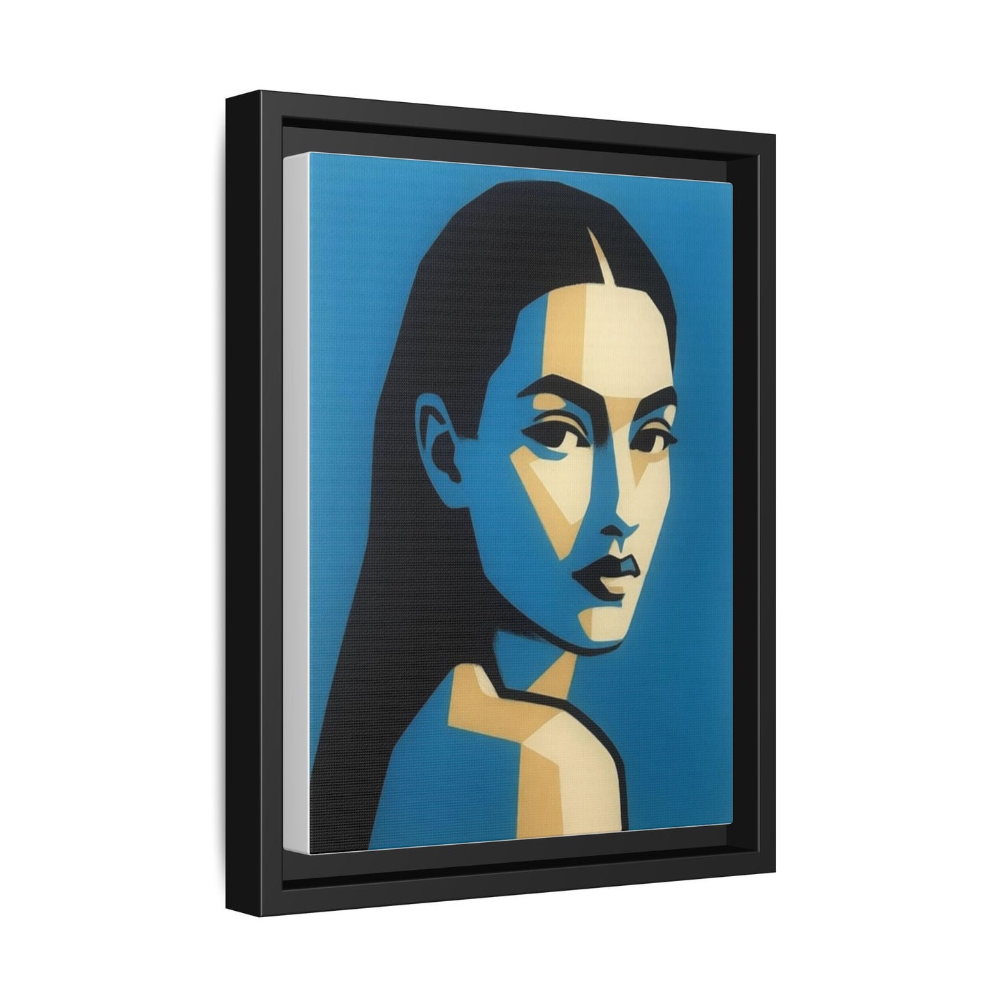 Framed Pop Art Portrait Canvas — Blue Geometric Woman Print