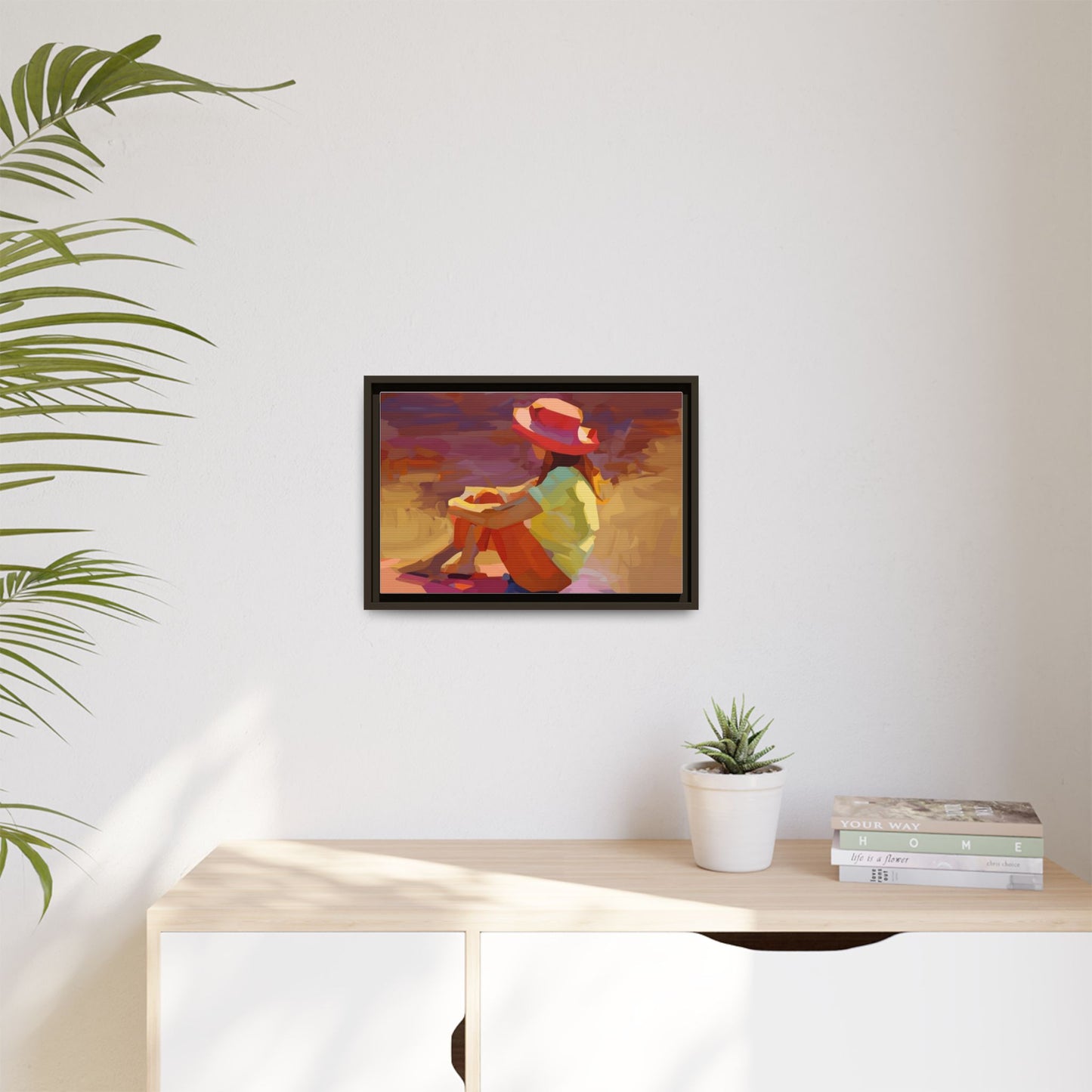 Framed Matte Canvas — Colorful Seated Girl Beach Art