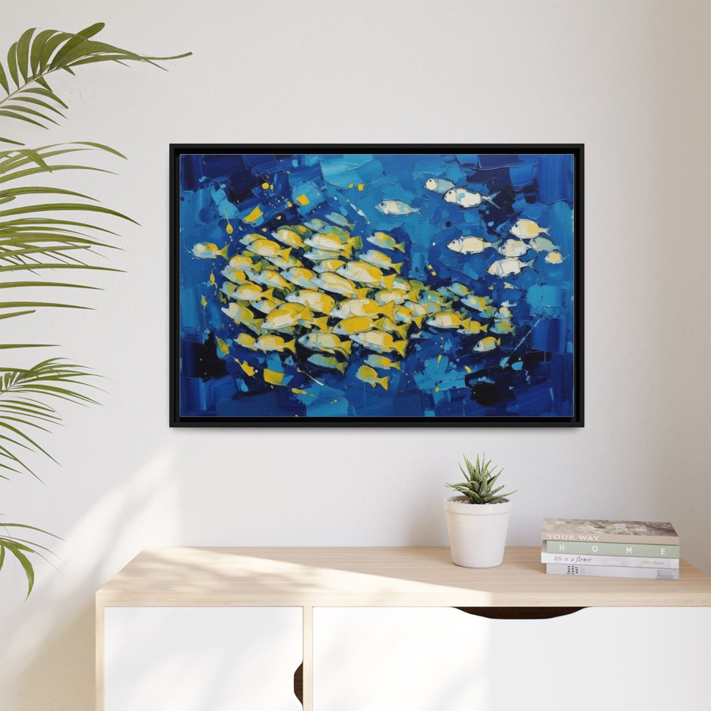 Framed Matte Canvas: Blue School of Fish Wall Art
