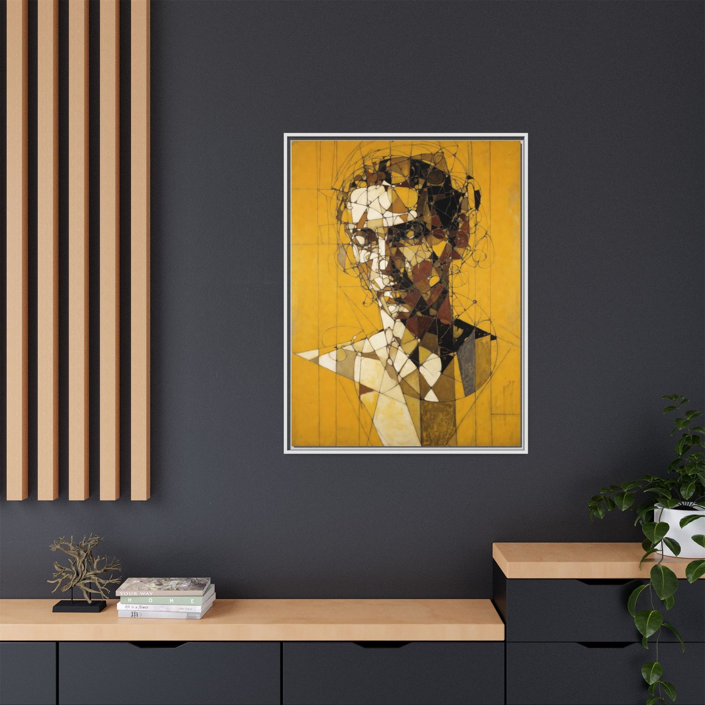 Framed Matte Canvas Art - Abstract Geometric Portrait on Mustard Yellow