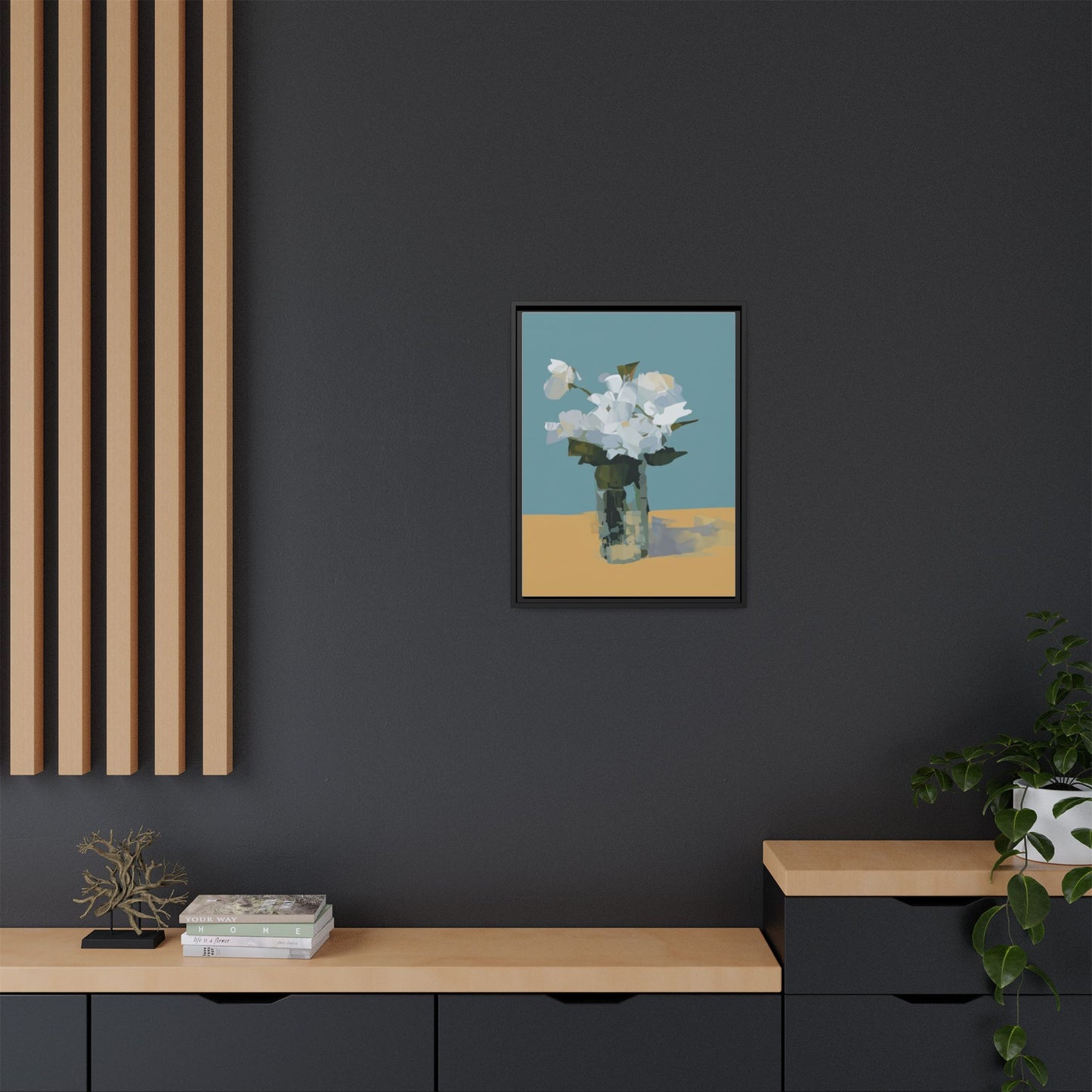 Framed Floral Still Life Canvas Art — Modern White Bouquet Wall Art
