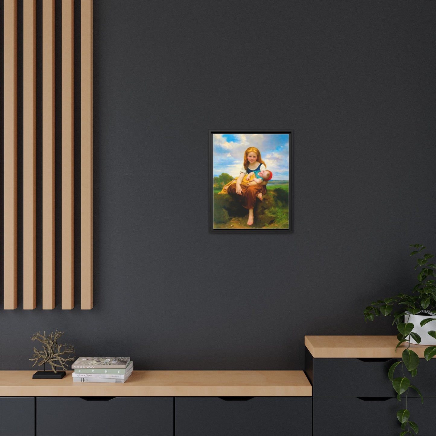 Young Girl Holding Sleeping Baby Canvas Print, Framed Wall Art