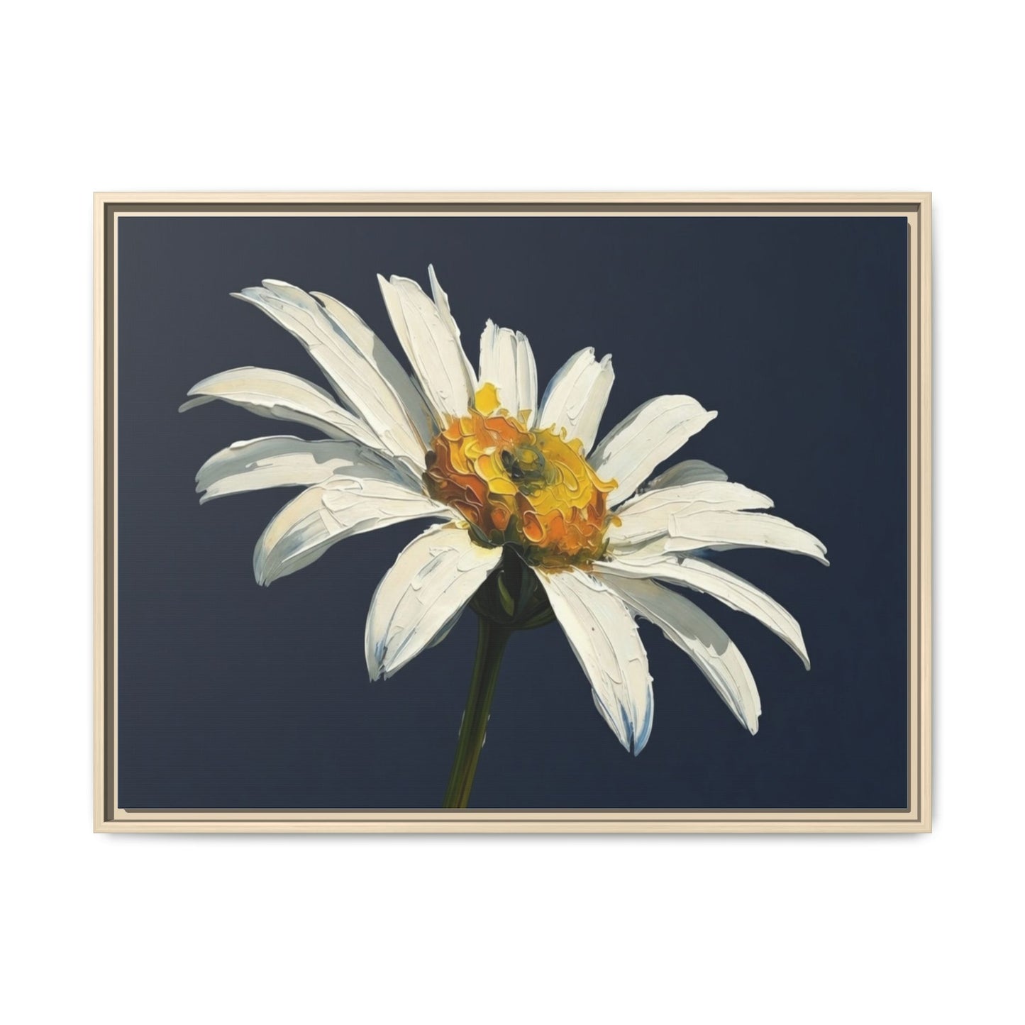 Framed Matte Canvas Daisy Wall Art — White Floral Painting on Navy