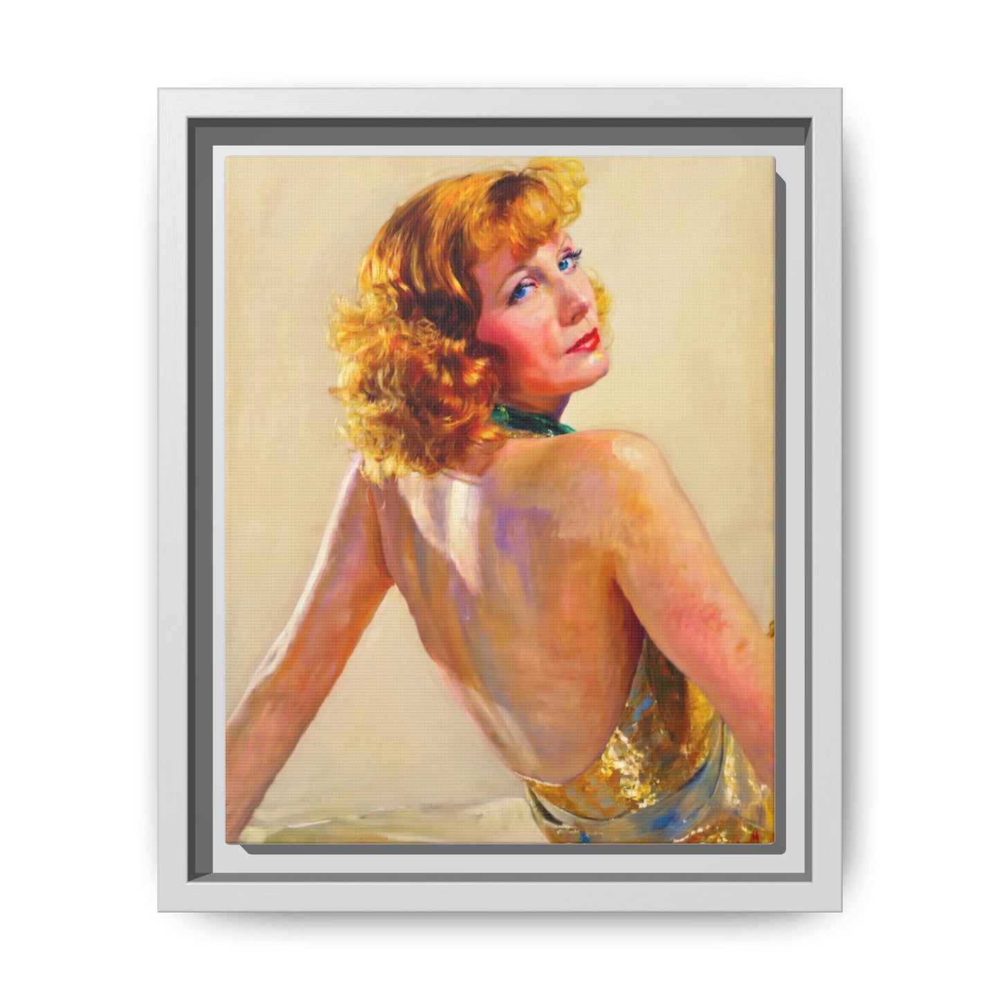 Framed Matte Canvas Print — Vintage Portrait of Redhead Greta Garbo in Gold Dress