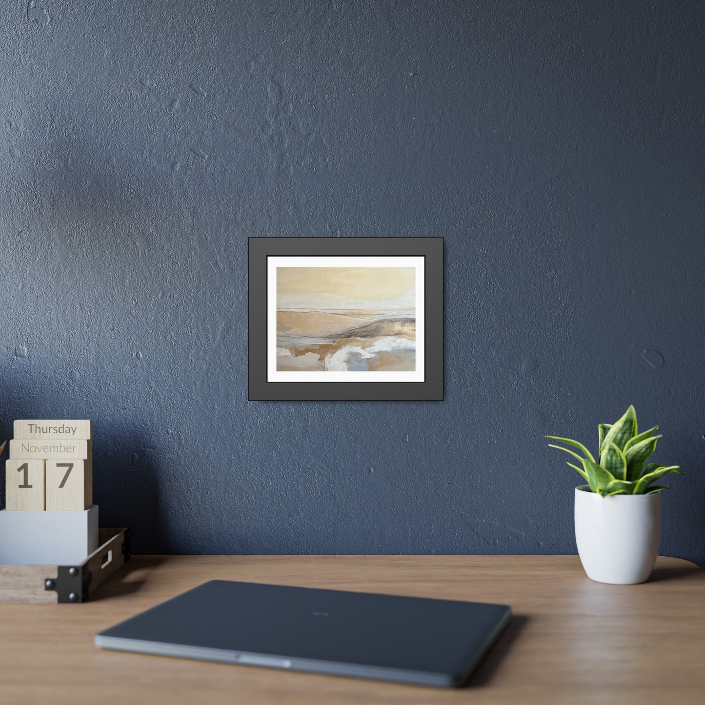 Abstract Coastal Landscape Framed Paper Poster — Neutral Beige Blue Wall Art
